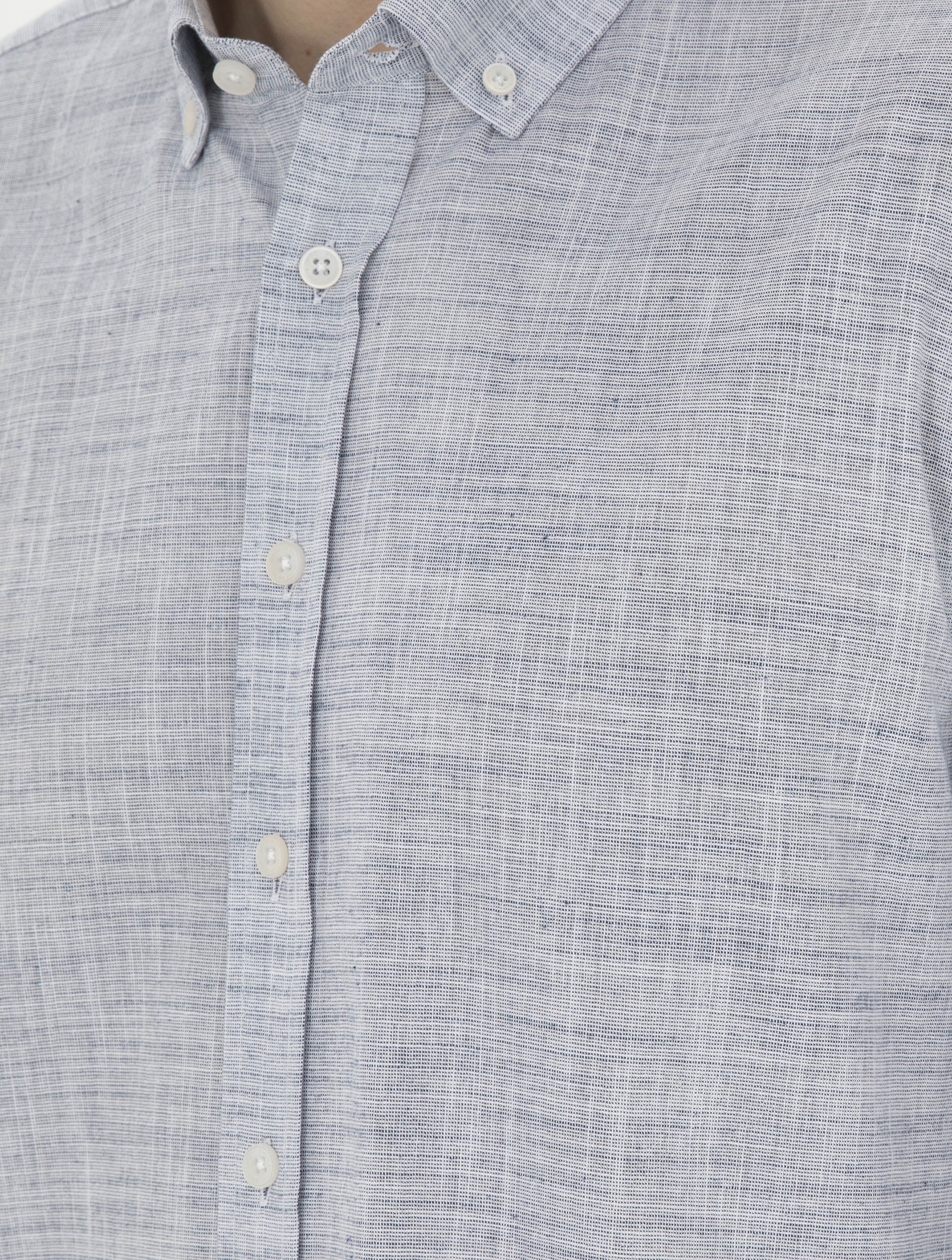 Lacivert Slim Fit Keten Görünümlü Uzun Kollu Gömlek - Image 7