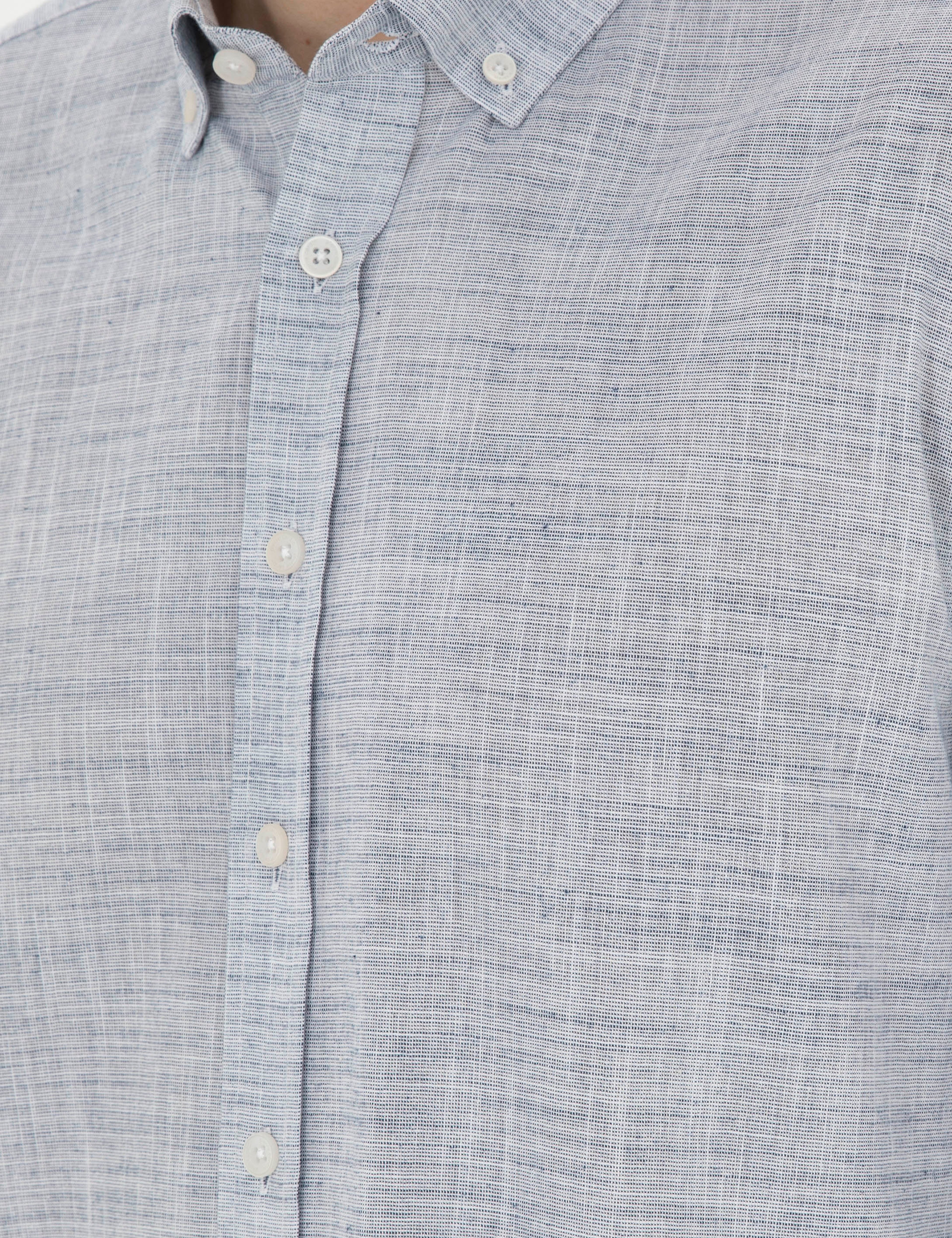 Lacivert Slim Fit Keten Görünümlü Uzun Kollu Gömlek