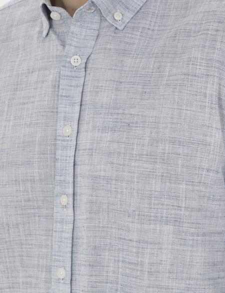 Lacivert Slim Fit Keten Görünümlü Uzun Kollu Gömlek - 50289393050