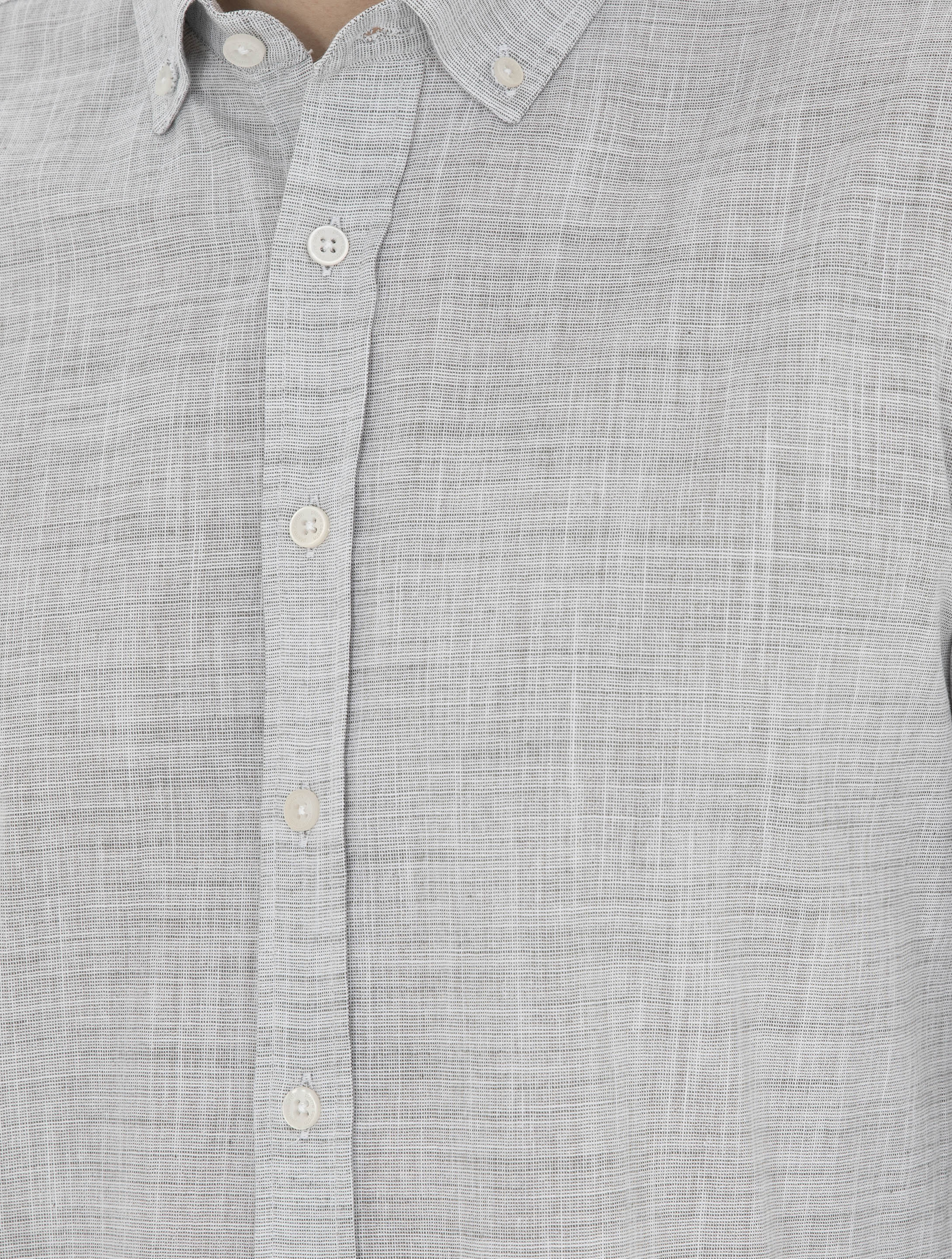 Haki Slim Fit Keten Görünümlü Uzun Kollu Gömlek - Image 7