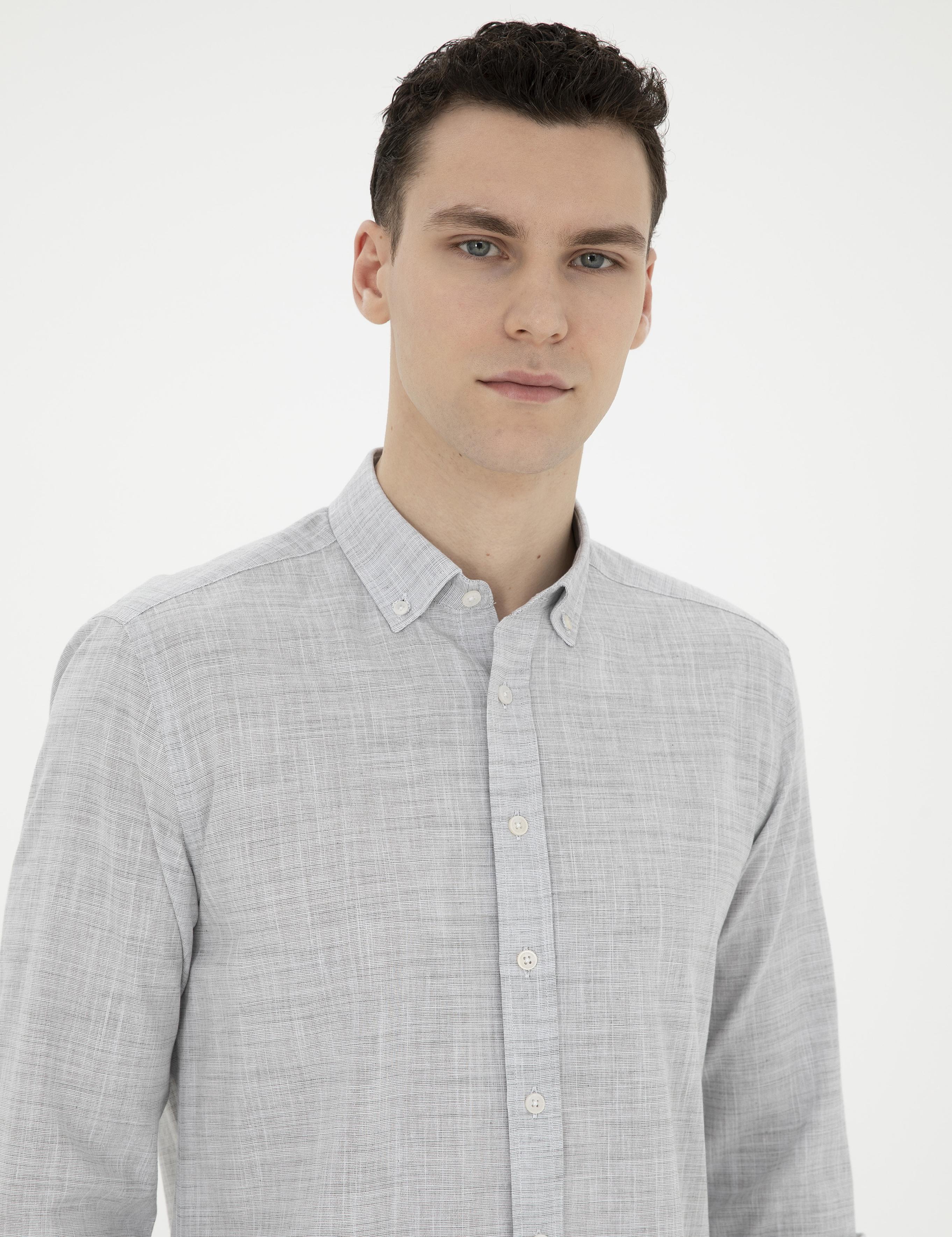 Haki Slim Fit Keten Görünümlü Uzun Kollu Gömlek