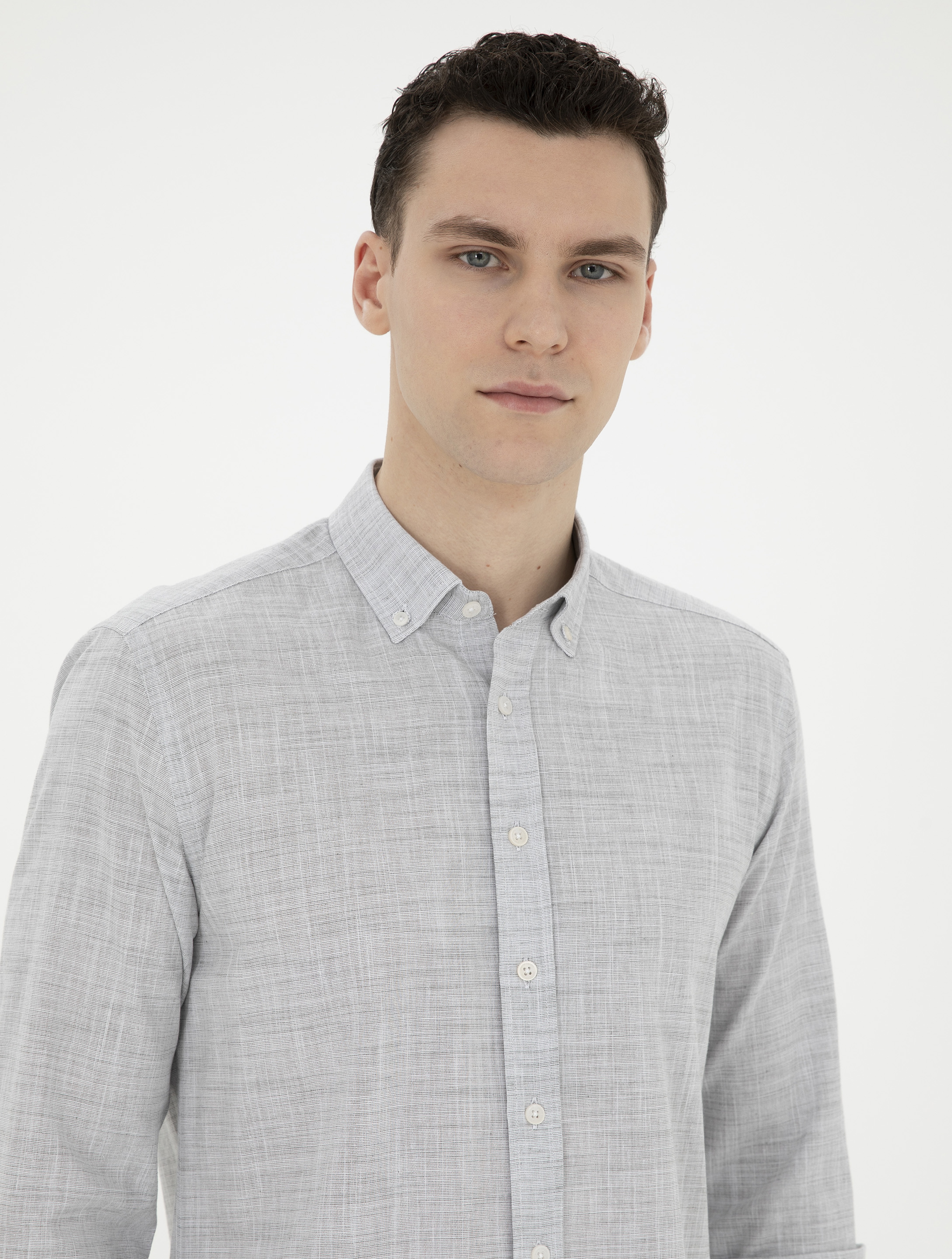 Haki Slim Fit Keten Görünümlü Uzun Kollu Gömlek - Image 2