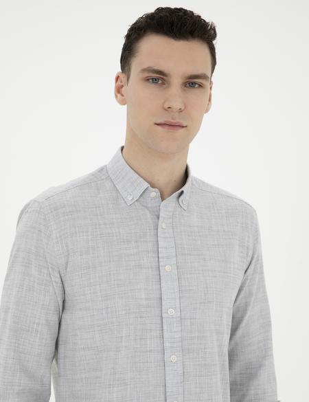 Haki Slim Fit Keten Görünümlü Uzun Kollu Gömlek - 50289393068