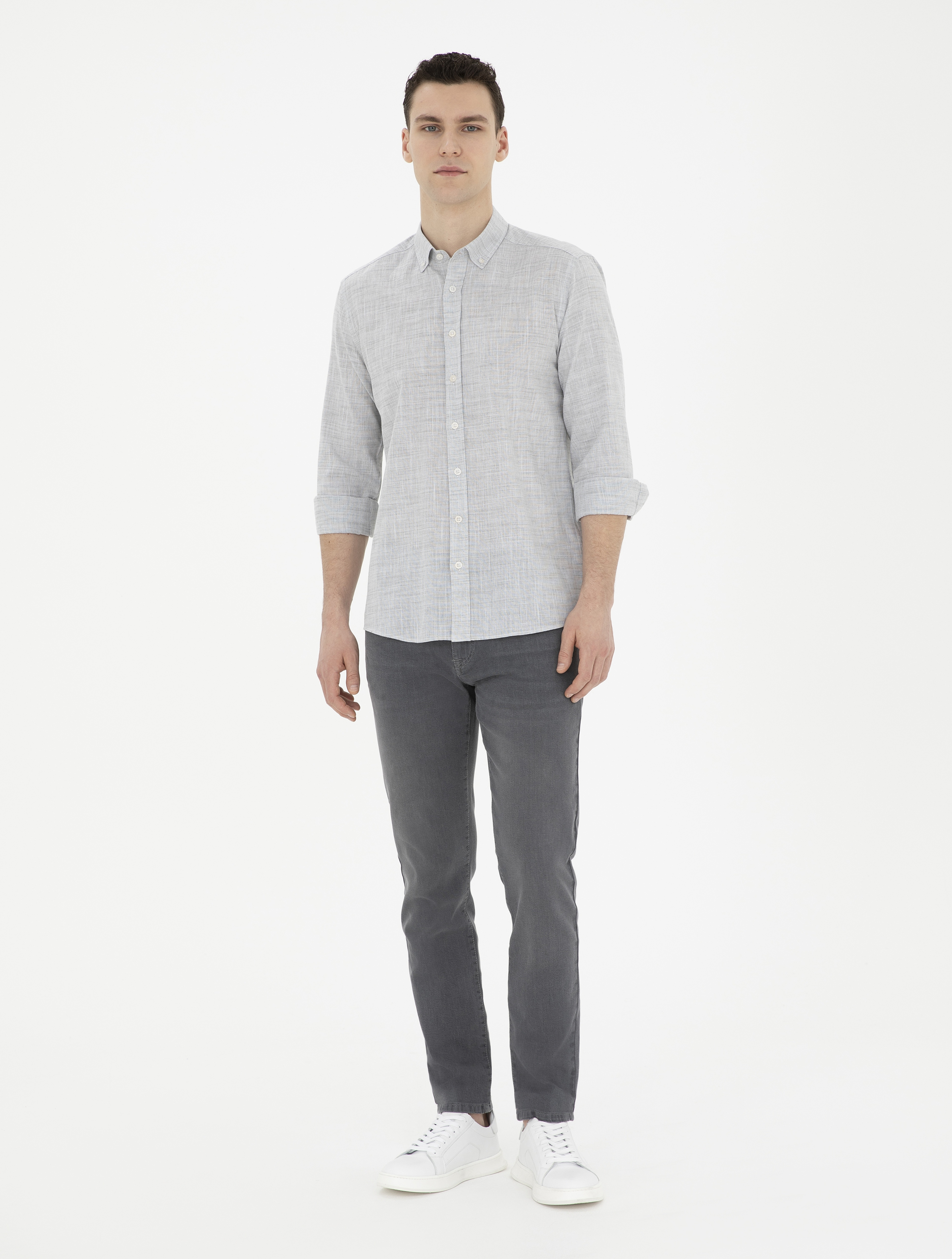 Haki Slim Fit Keten Görünümlü Uzun Kollu Gömlek - Image 4