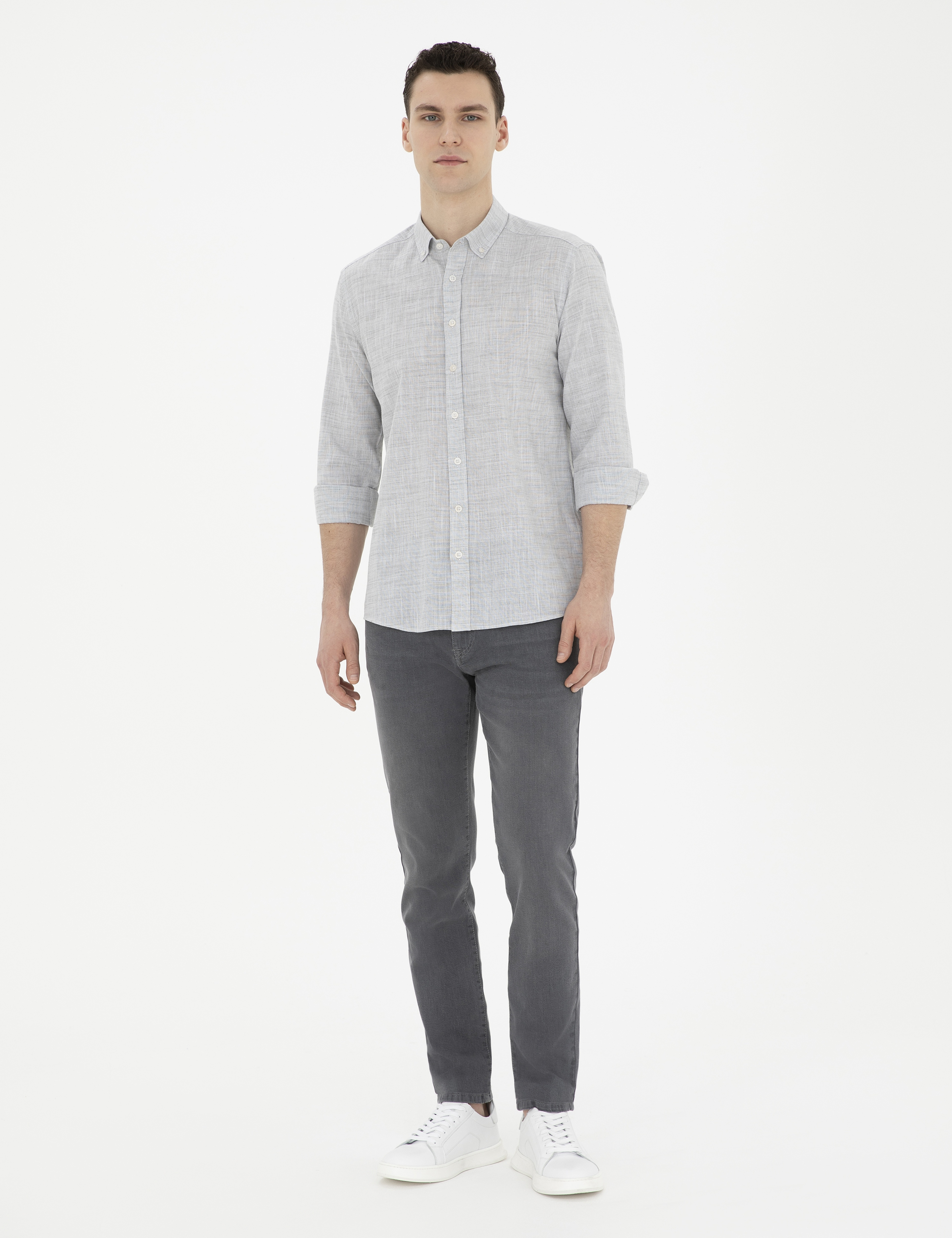 Haki Slim Fit Keten Görünümlü Uzun Kollu Gömlek