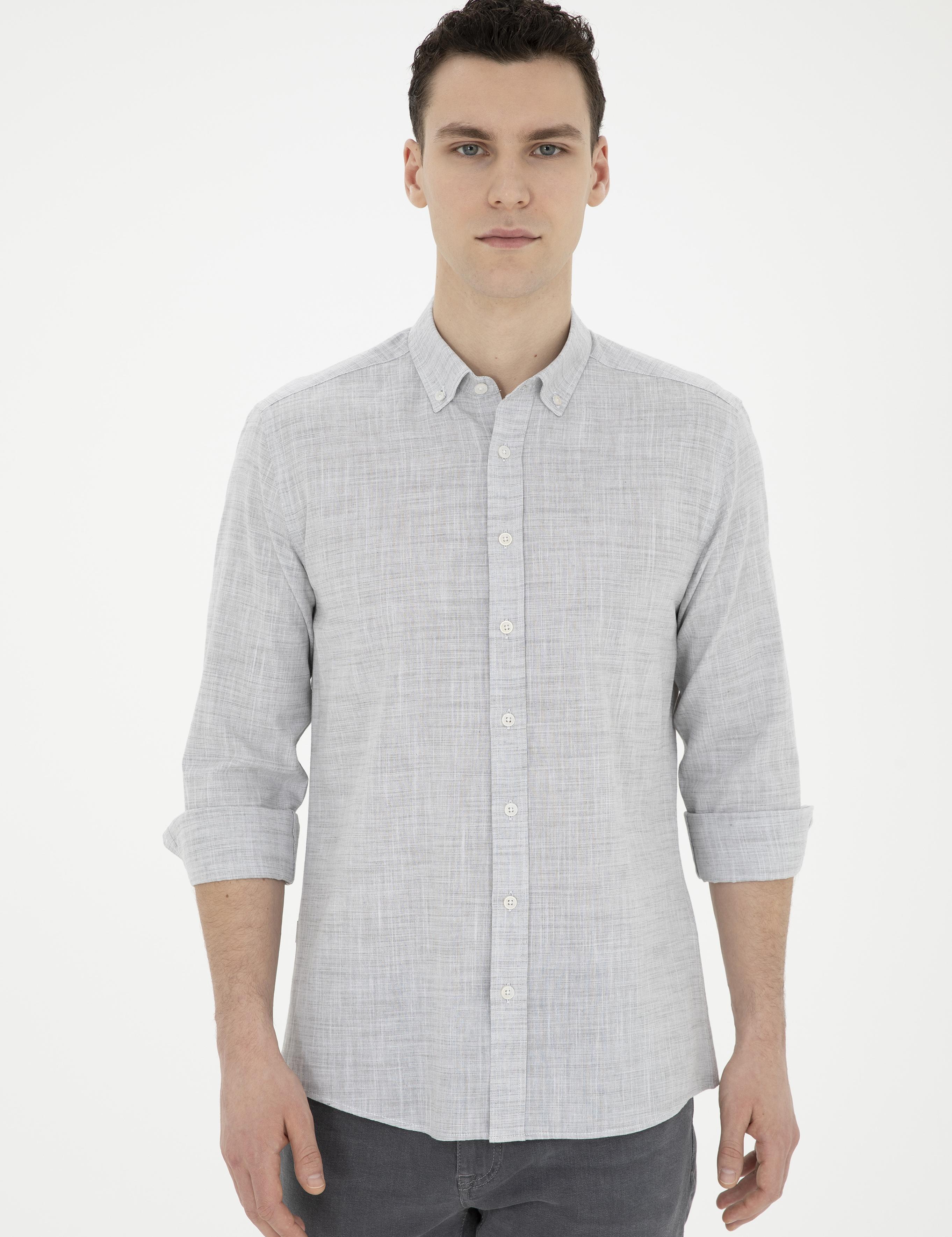 Haki Slim Fit Keten Görünümlü Uzun Kollu Gömlek