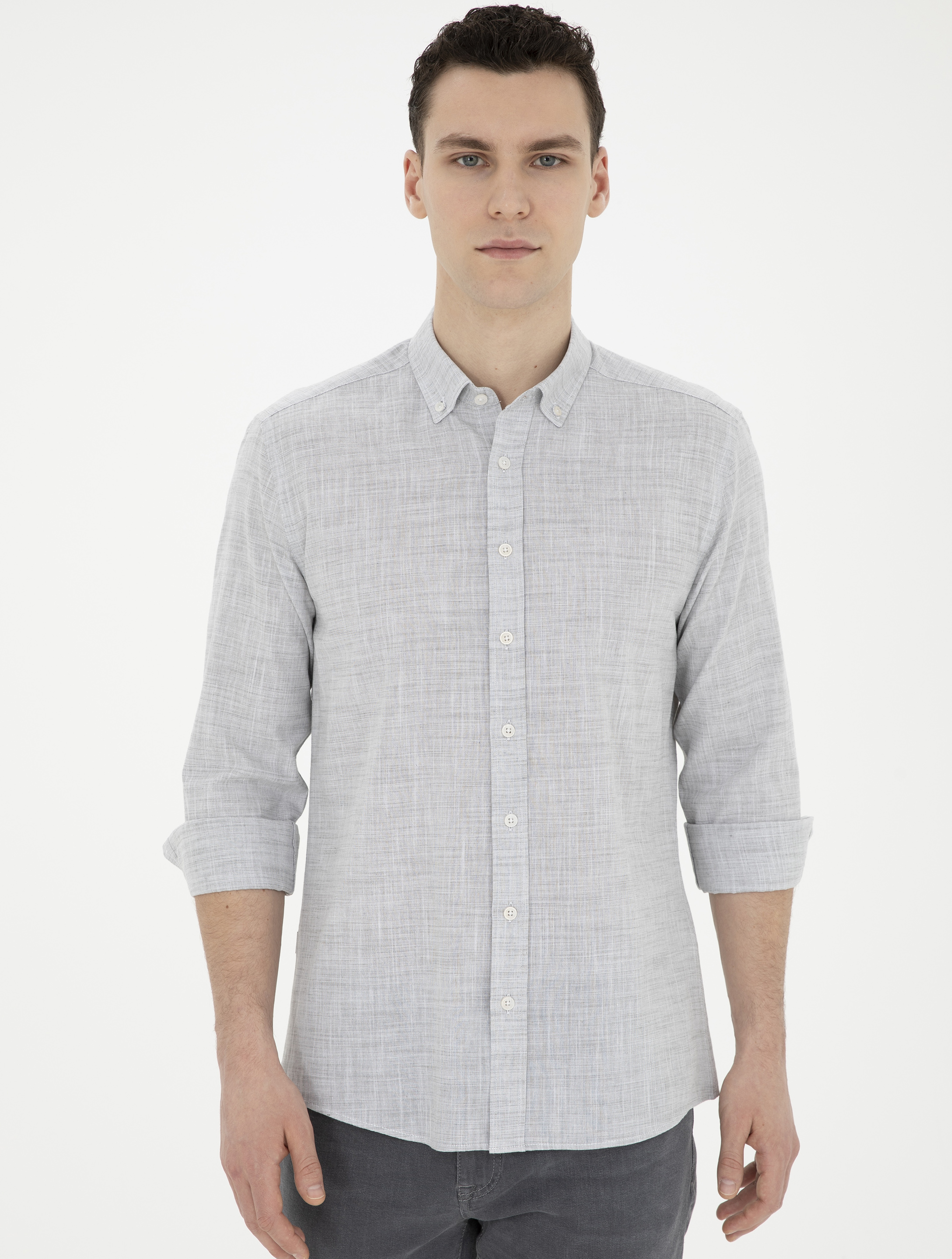 Haki Slim Fit Keten Görünümlü Uzun Kollu Gömlek - Image 3