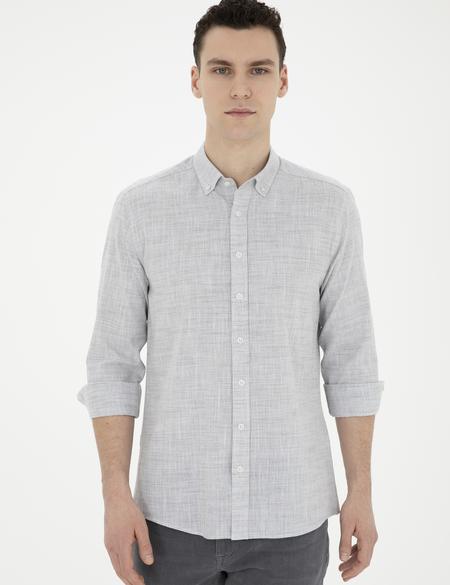 Haki Slim Fit Keten Görünümlü Uzun Kollu Gömlek - 50289393068