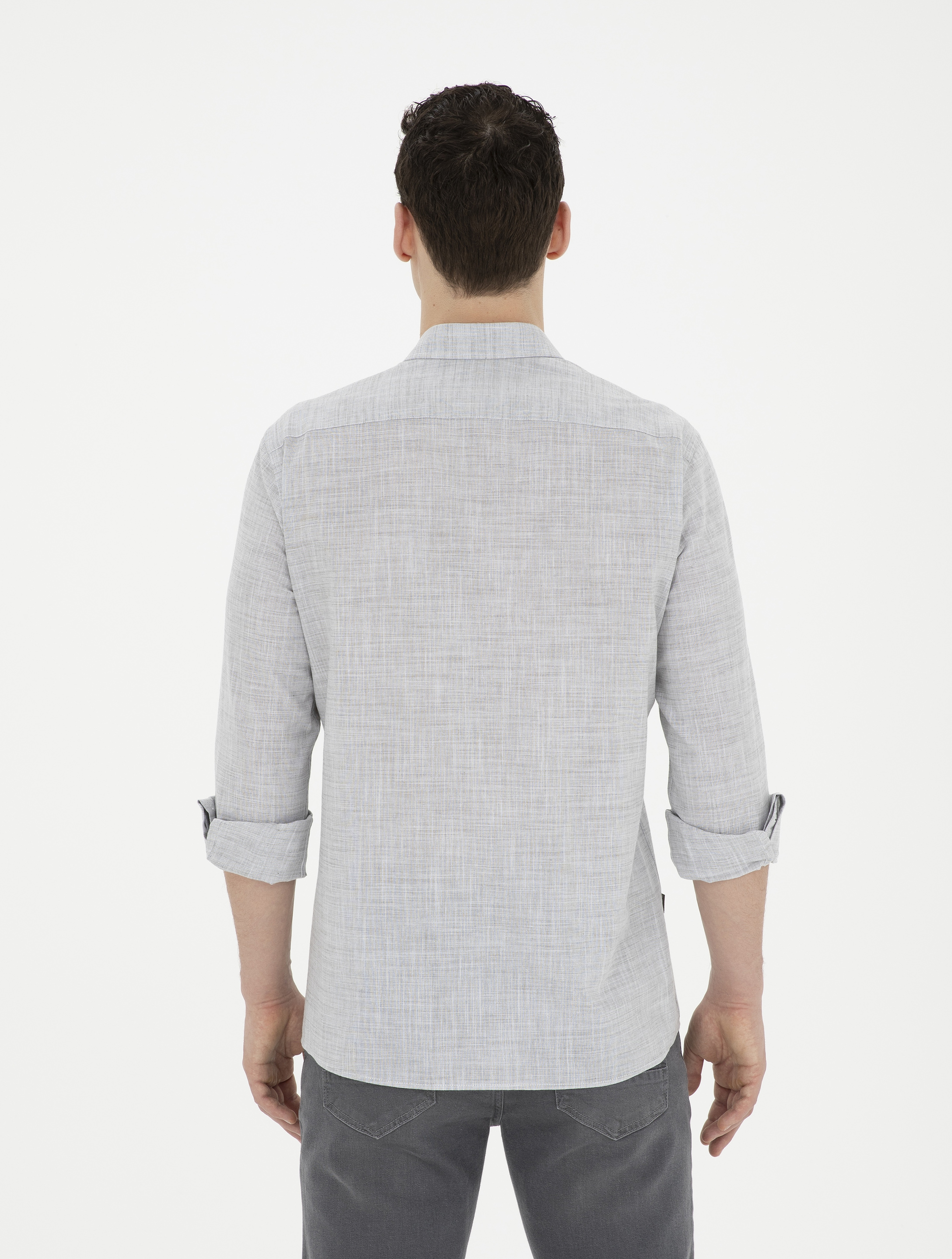 Haki Slim Fit Keten Görünümlü Uzun Kollu Gömlek - Image 5
