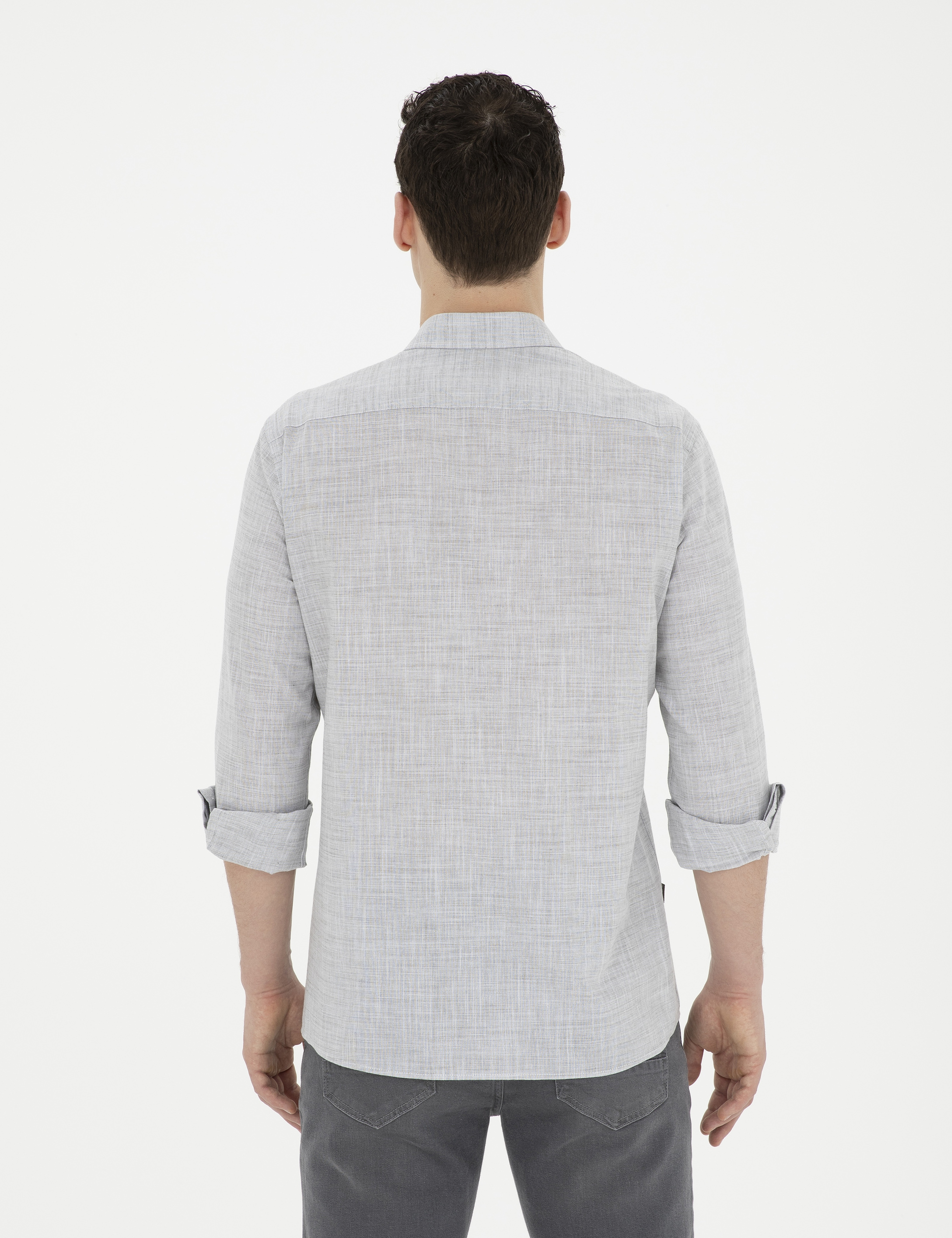 Haki Slim Fit Keten Görünümlü Uzun Kollu Gömlek