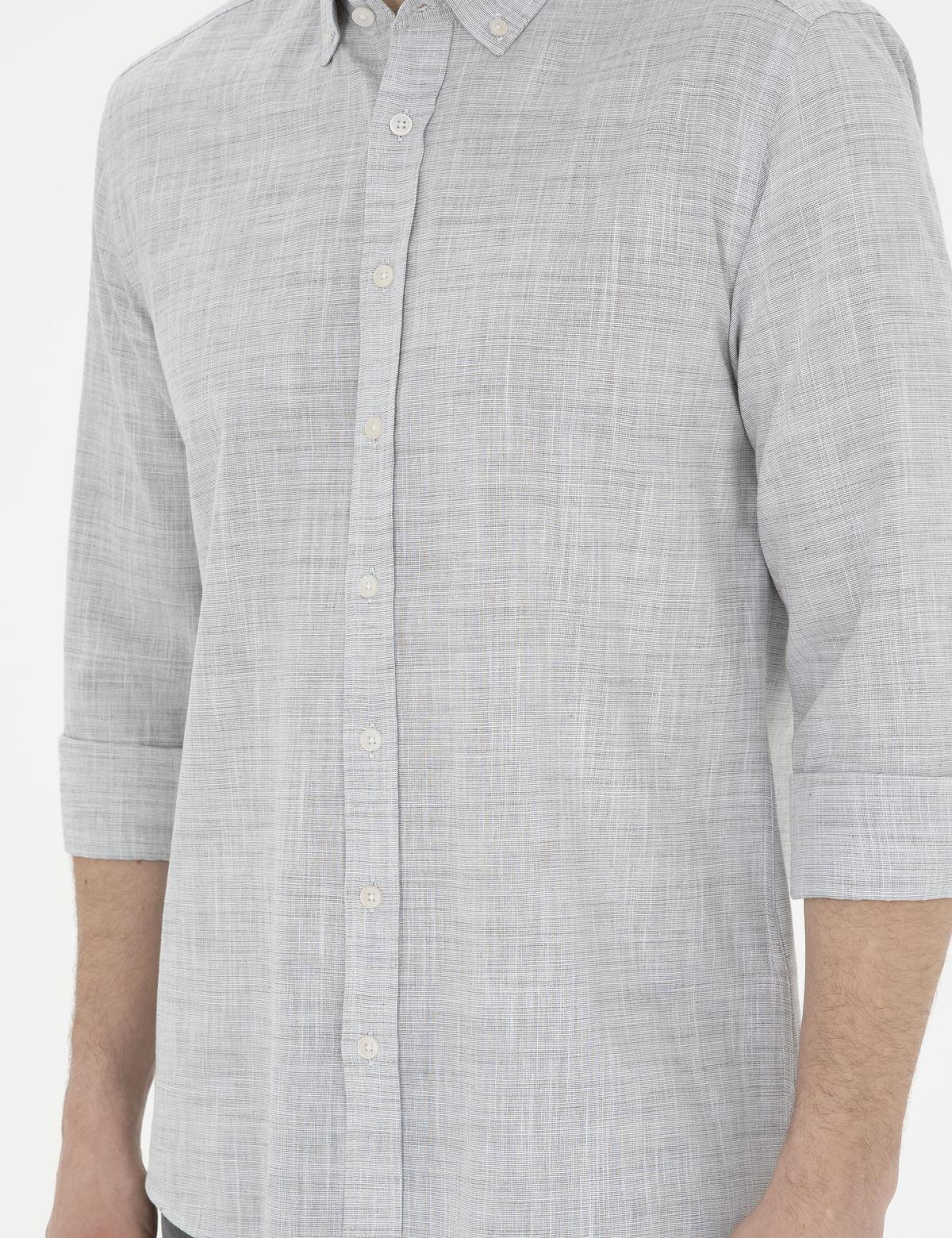 Haki Slim Fit Keten Görünümlü Uzun Kollu Gömlek - 50289393068