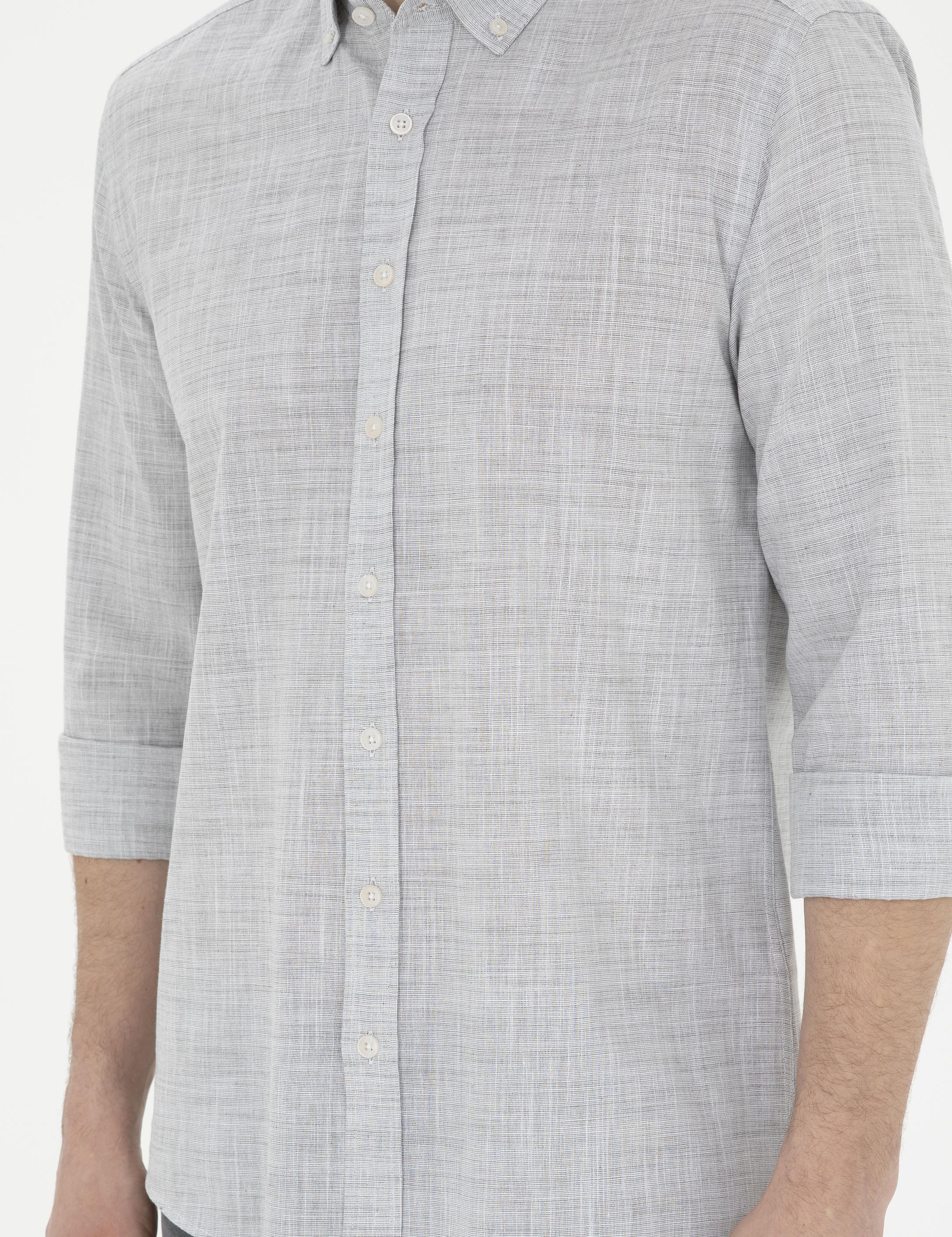 Haki Slim Fit Keten Görünümlü Uzun Kollu Gömlek