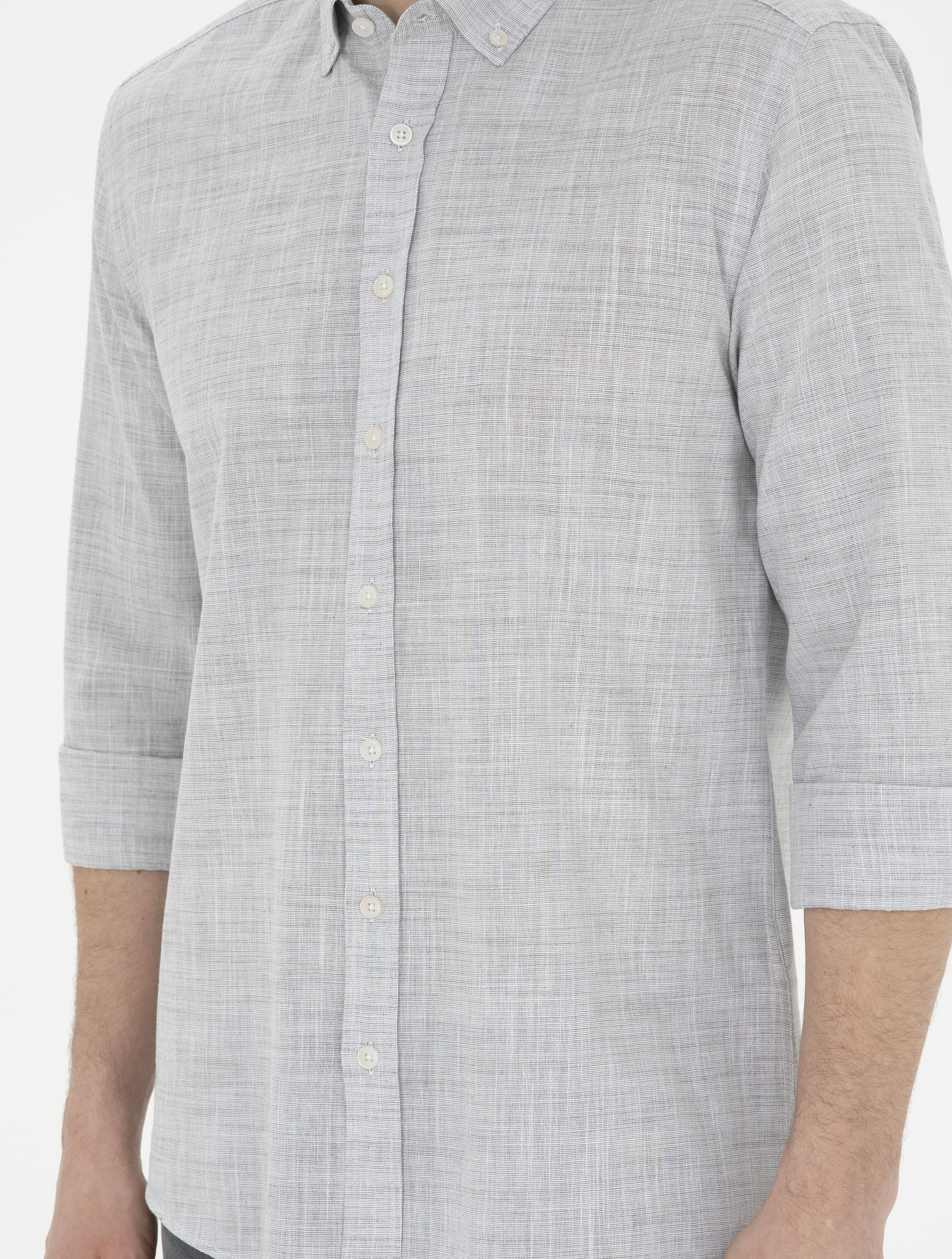Haki Slim Fit Keten Görünümlü Uzun Kollu Gömlek - Image 6