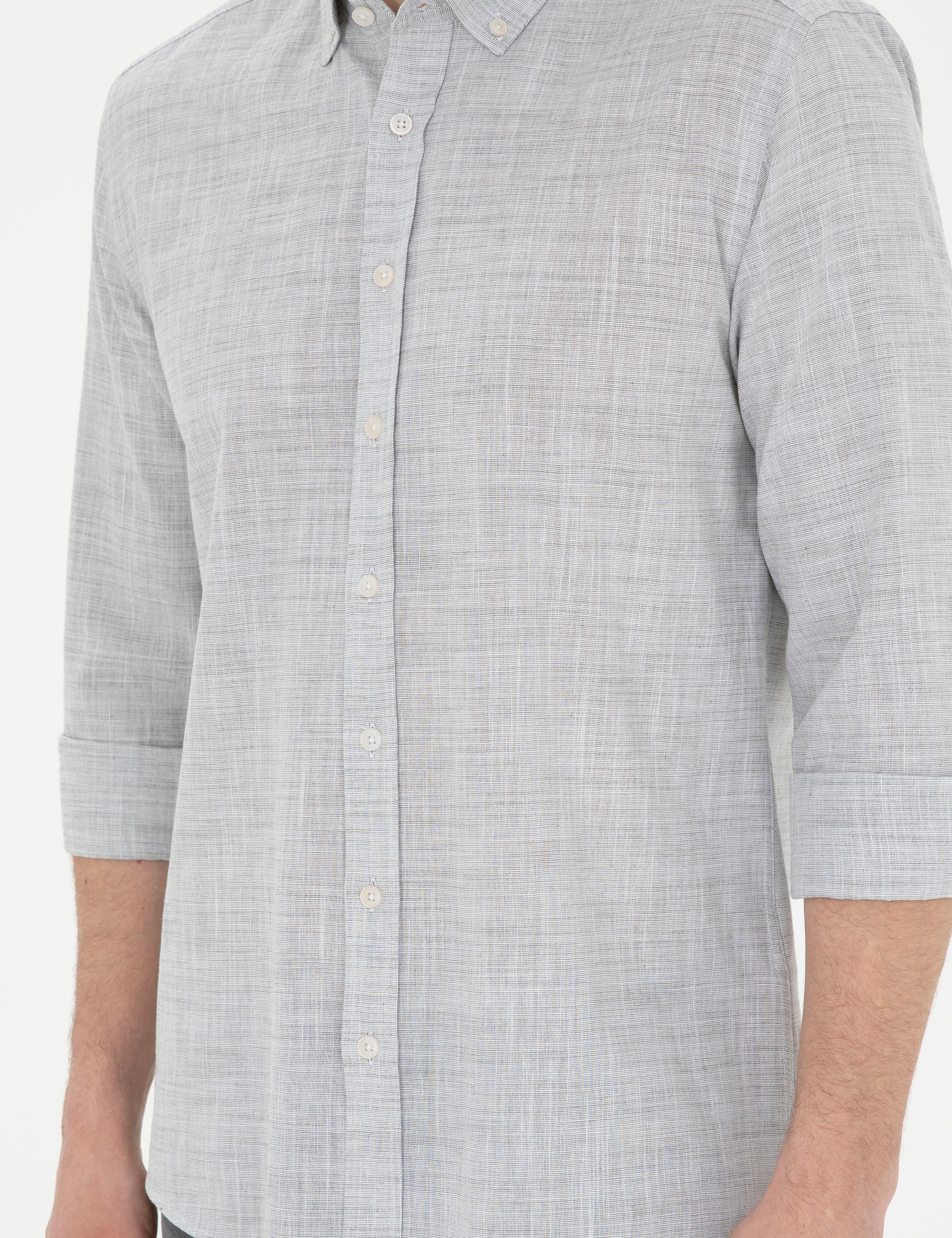 Haki Slim Fit Keten Görünümlü Uzun Kollu Gömlek