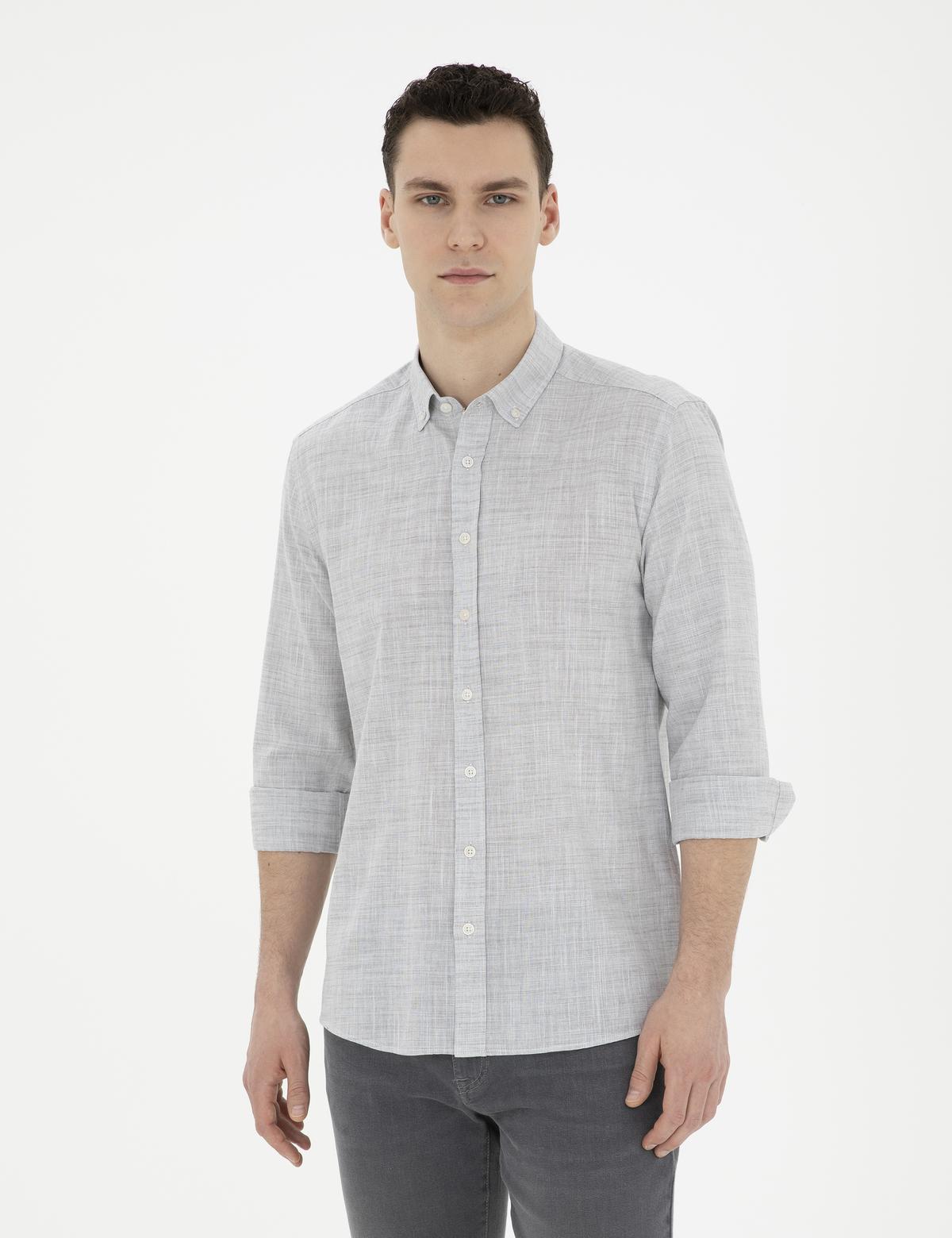 Haki Slim Fit Keten Görünümlü Uzun Kollu Gömlek