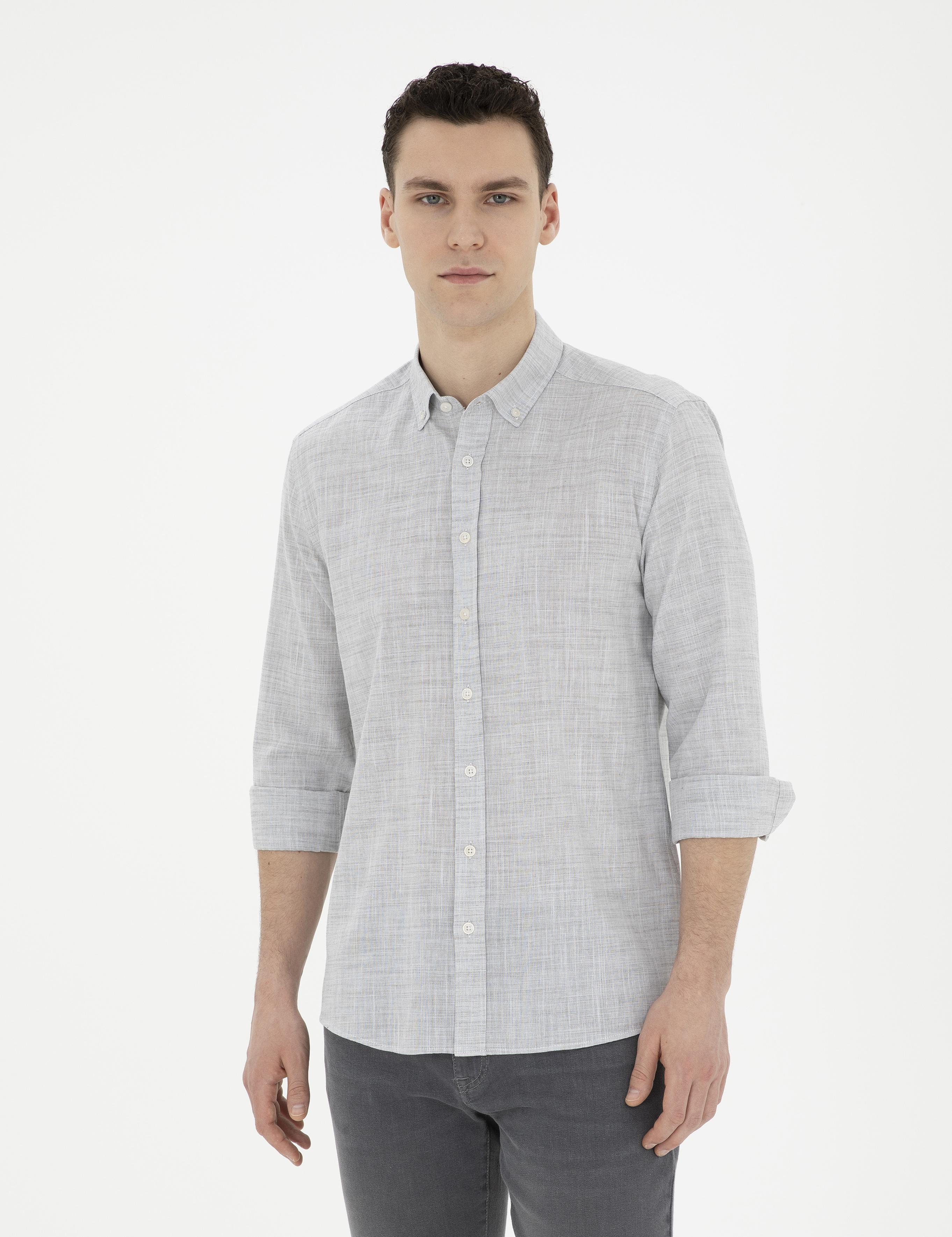 Haki Slim Fit Keten Görünümlü Uzun Kollu Gömlek