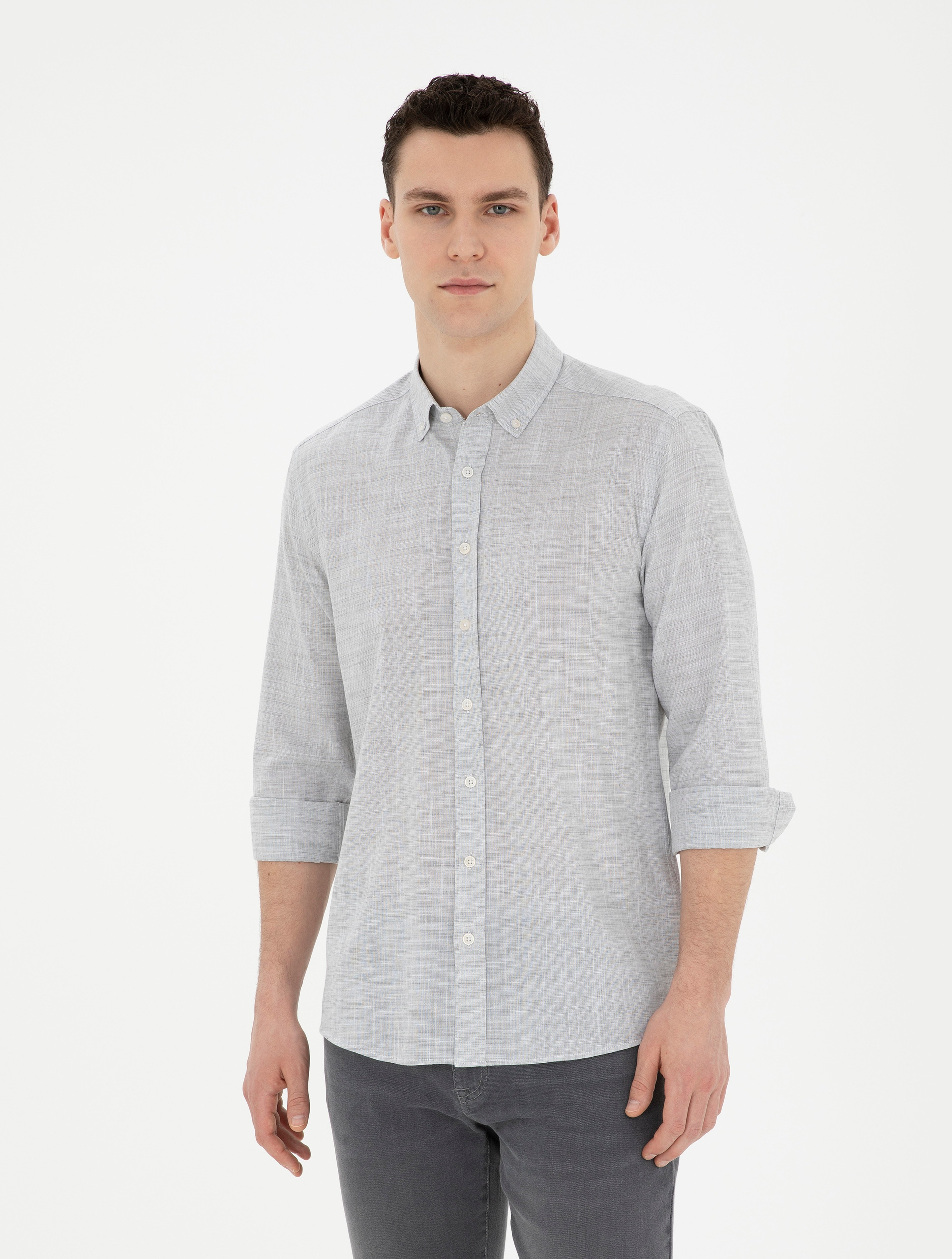 Haki Slim Fit Keten Görünümlü Uzun Kollu Gömlek - Image 1