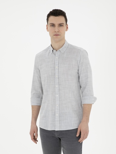 Haki Slim Fit Keten Görünümlü Uzun Kollu Gömlek