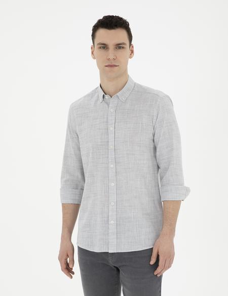 Haki Slim Fit Keten Görünümlü Uzun Kollu Gömlek - 50289393068