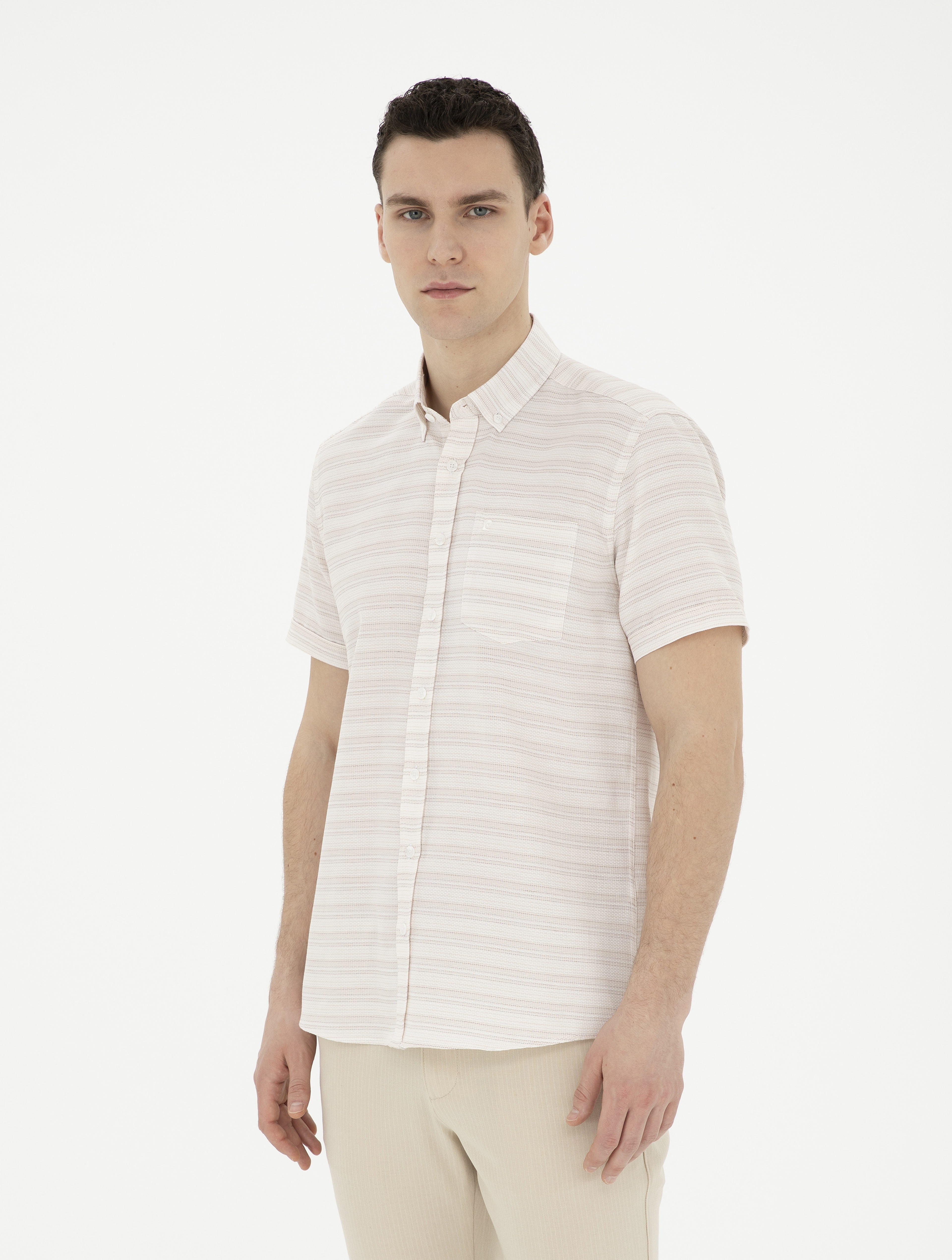 Bej Regular Fit Kısa Kollu Gömlek - Image 1