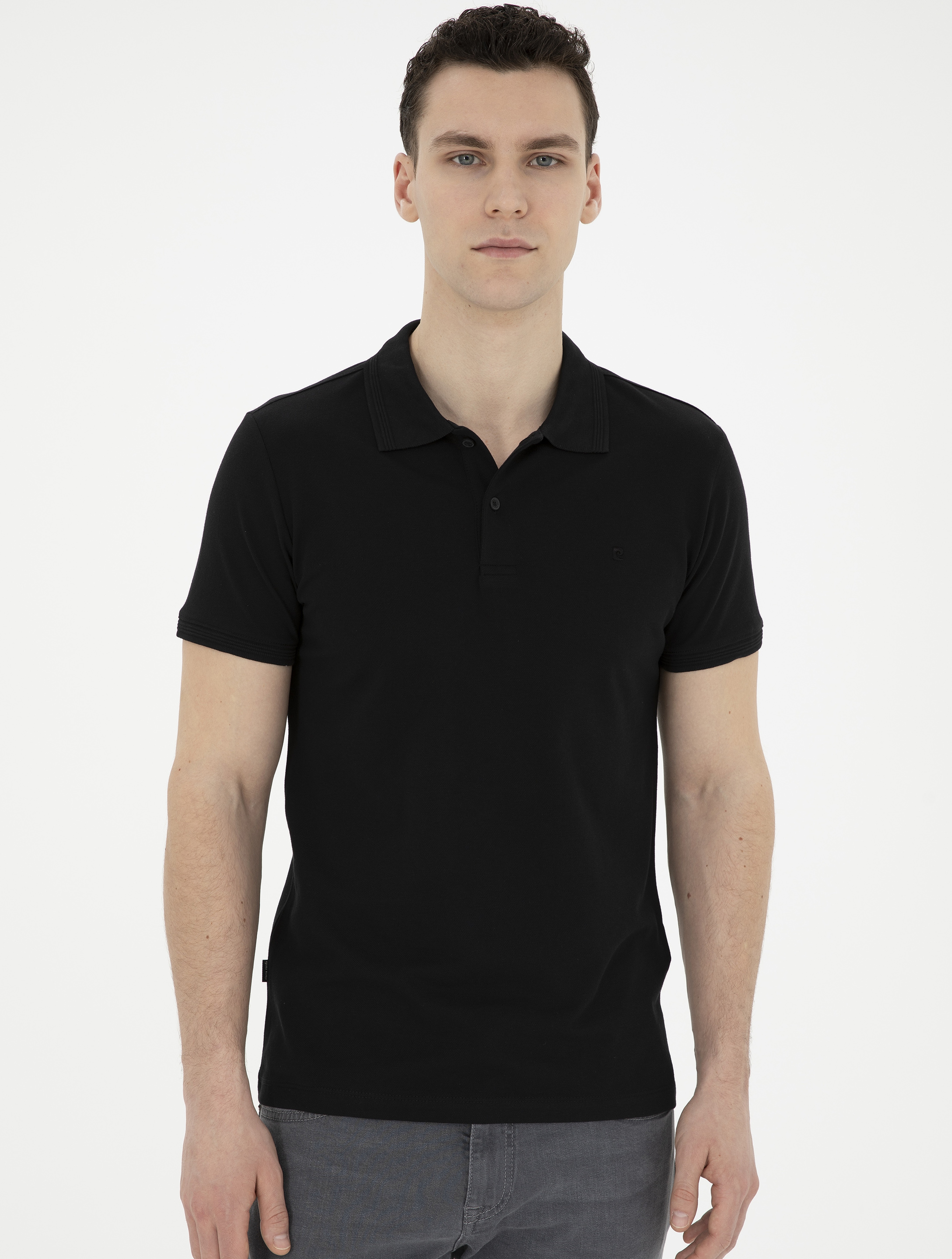 Siyah Slim Fit %100 Pamuk Polo Yaka Basic Tişört - Image 3