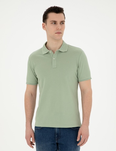 Yeşil Slim Fit %100 Pamuk Basic Düğmeli Polo Yaka Basic Tişört