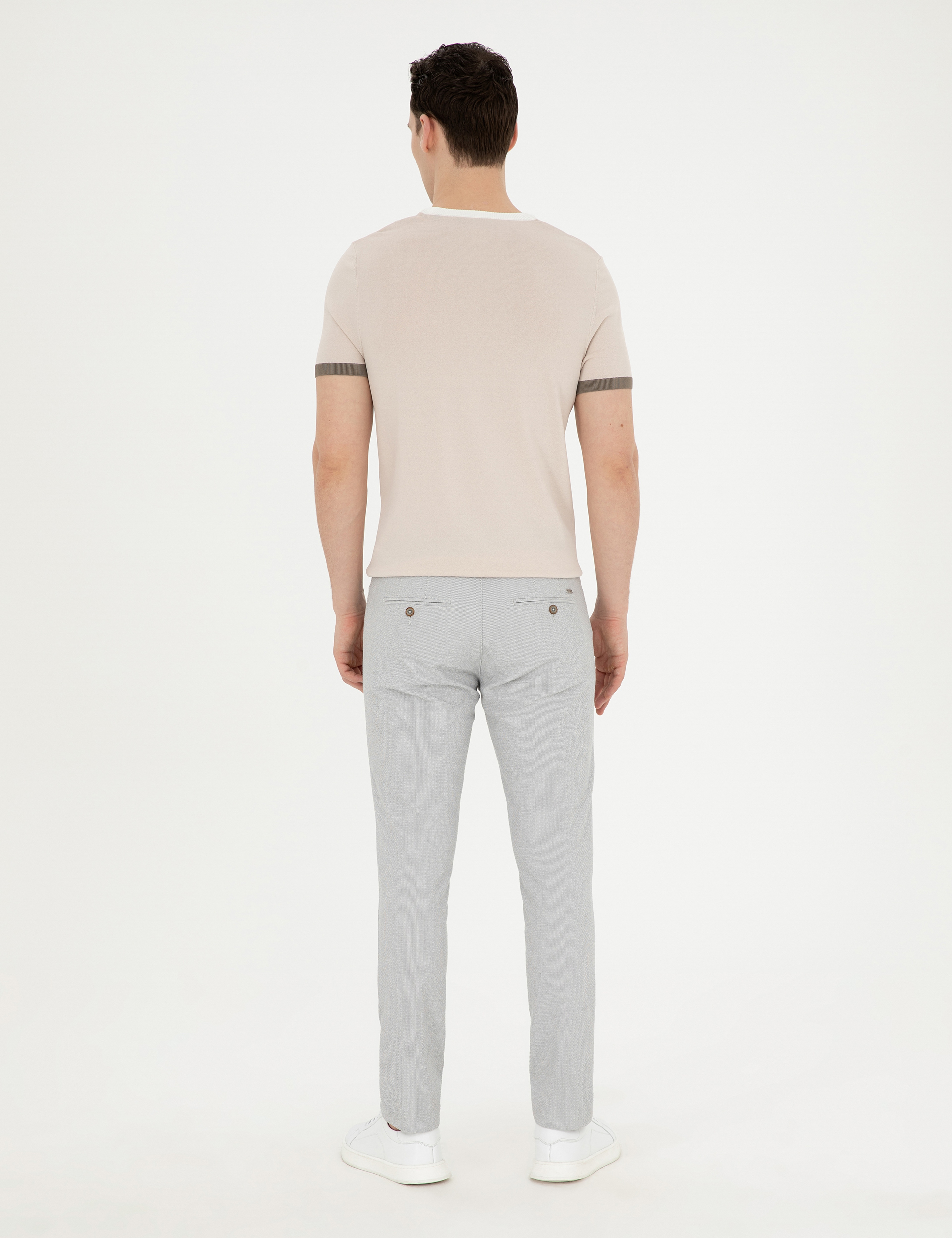 Gri Slim Fit Gofre Bağcıklı Kanvas Pantolon - Image 4