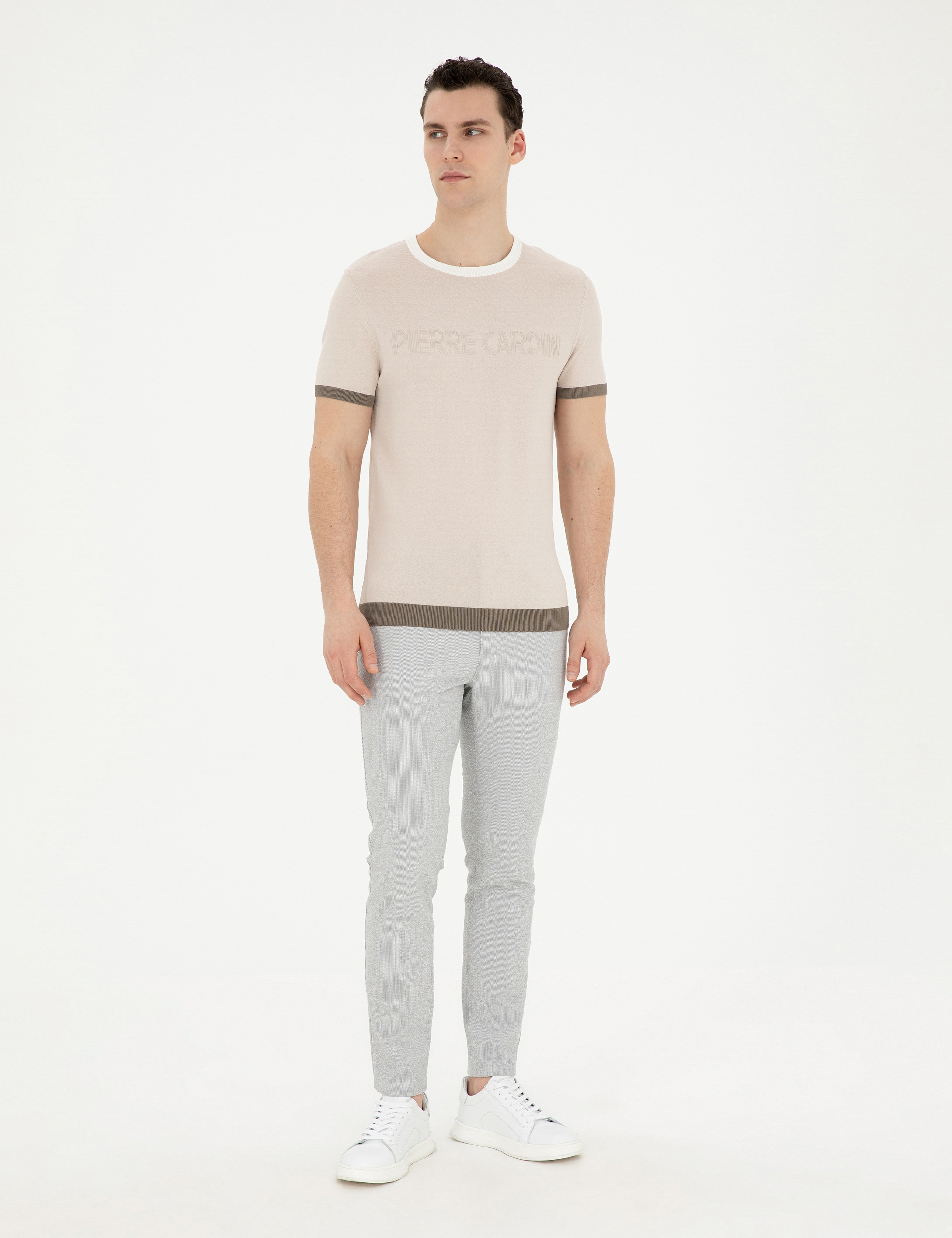 Gri Slim Fit Gofre Bağcıklı Kanvas Pantolon - Image 3