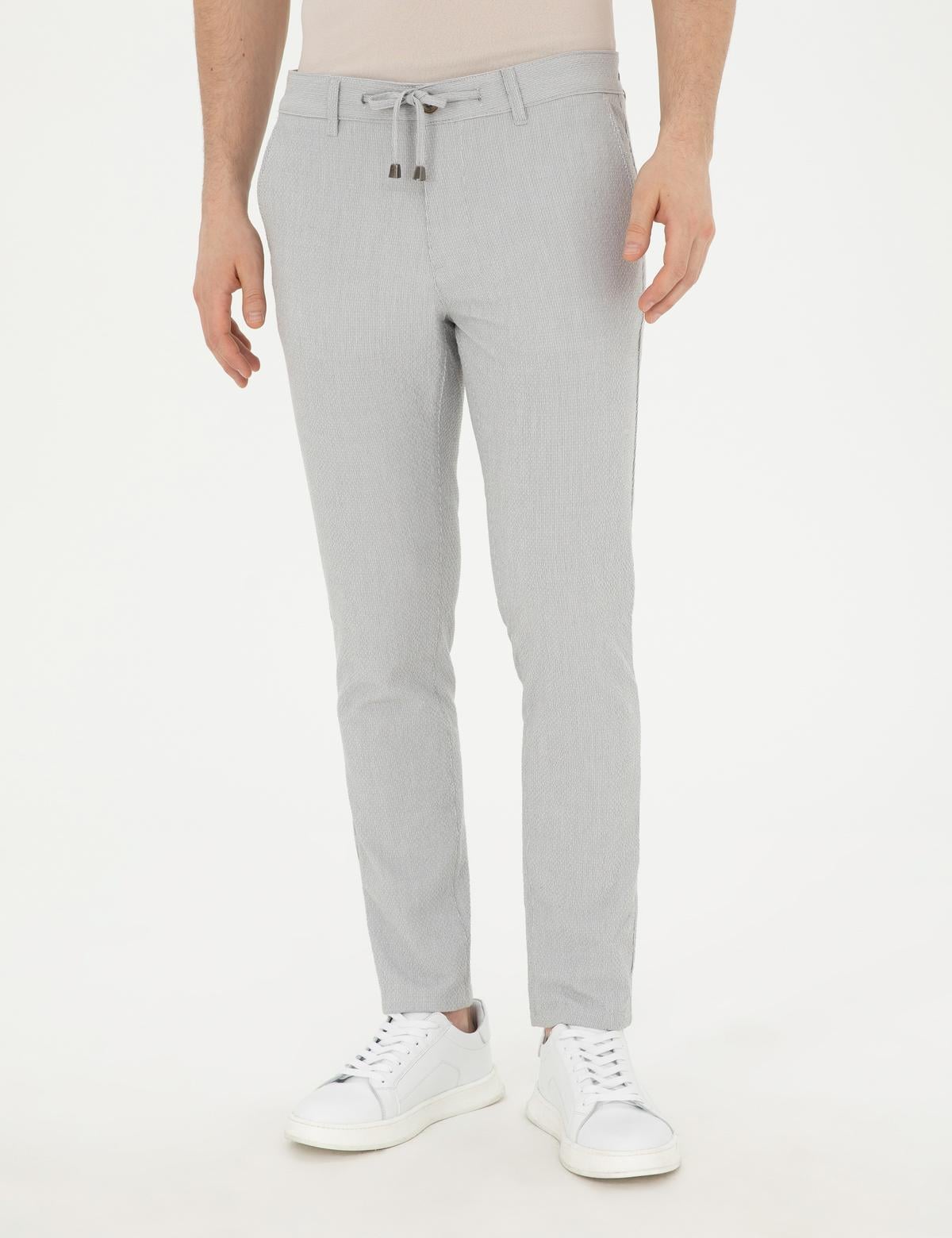 Gri Slim Fit Gofre Bağcıklı Kanvas Pantolon - 50284225208