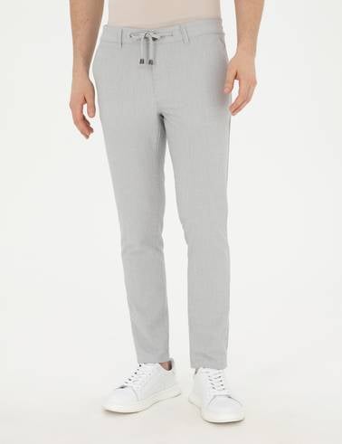 Gri Slim Fit Gofre Bağcıklı Kanvas Pantolon