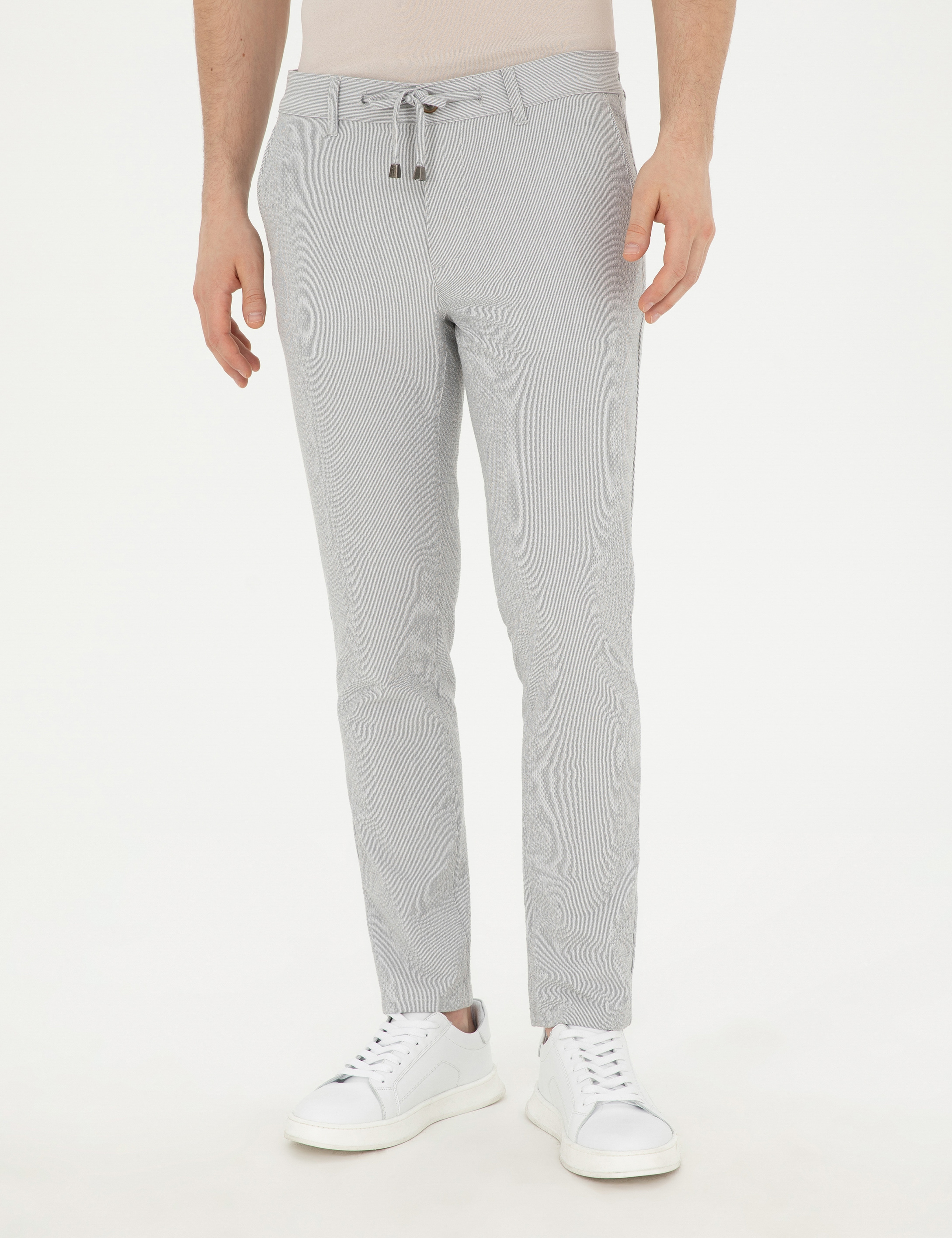 Gri Slim Fit Gofre Bağcıklı Kanvas Pantolon - Image 2