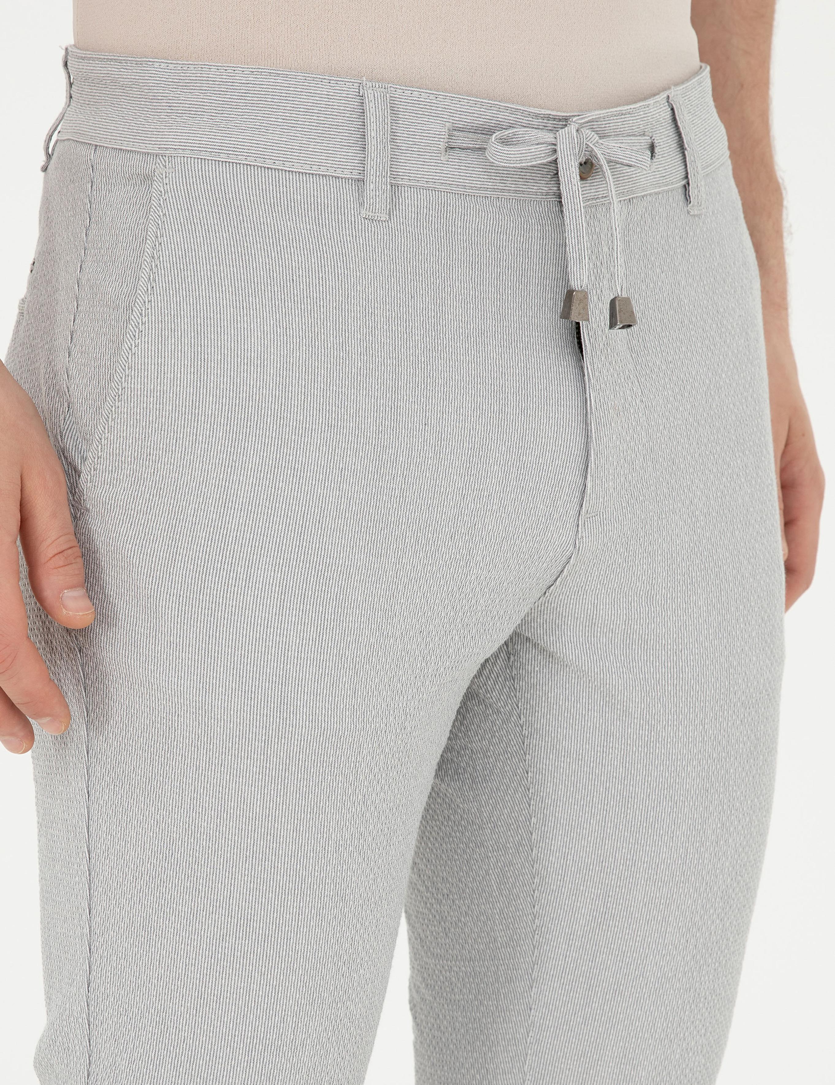 Gri Slim Fit Gofre Bağcıklı Kanvas Pantolon