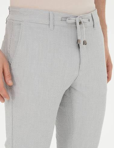 Gri Slim Fit Gofre Bağcıklı Kanvas Pantolon