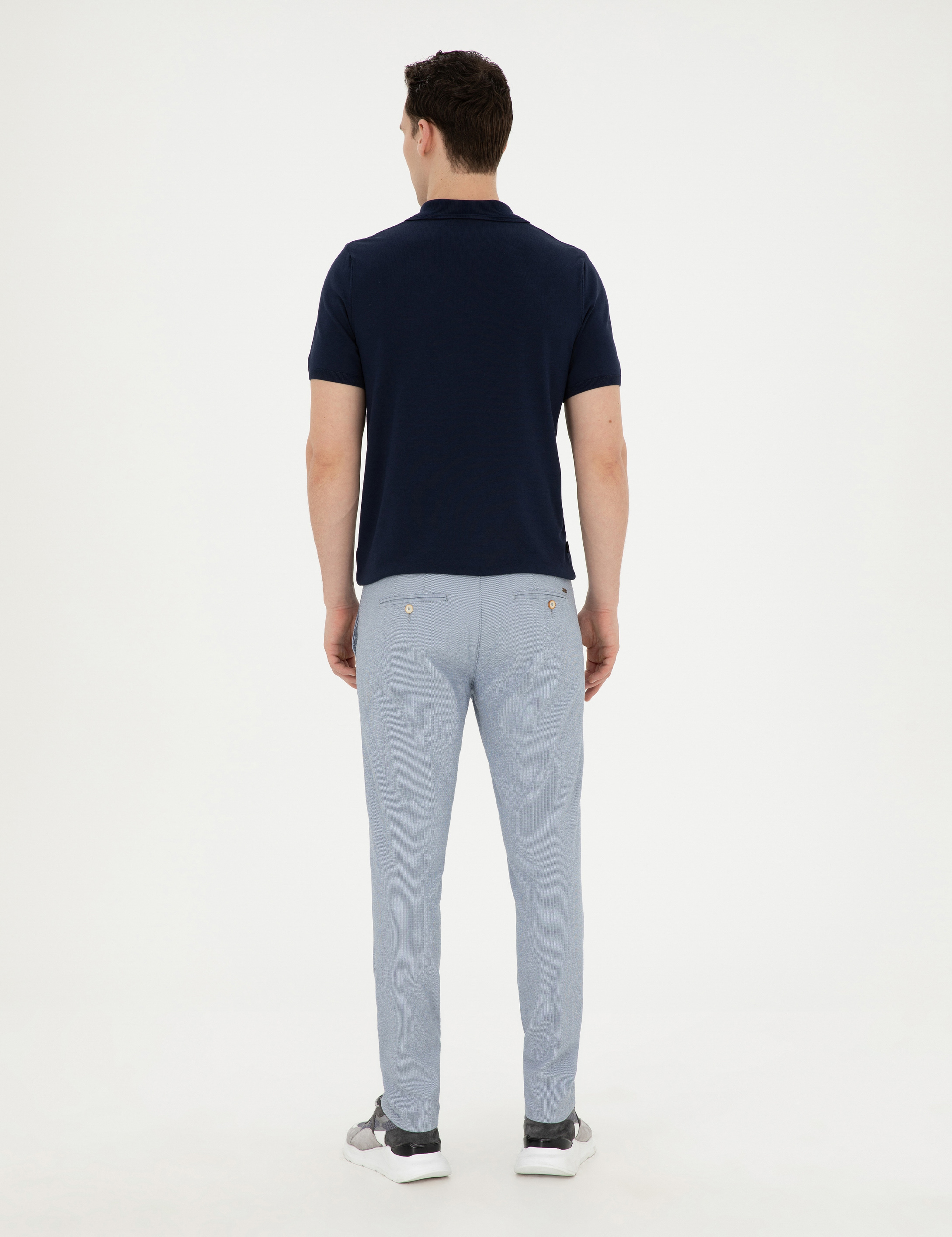 Açık Mavi Slim Fit Gofre Bağcıklı Kanvas Pantolon