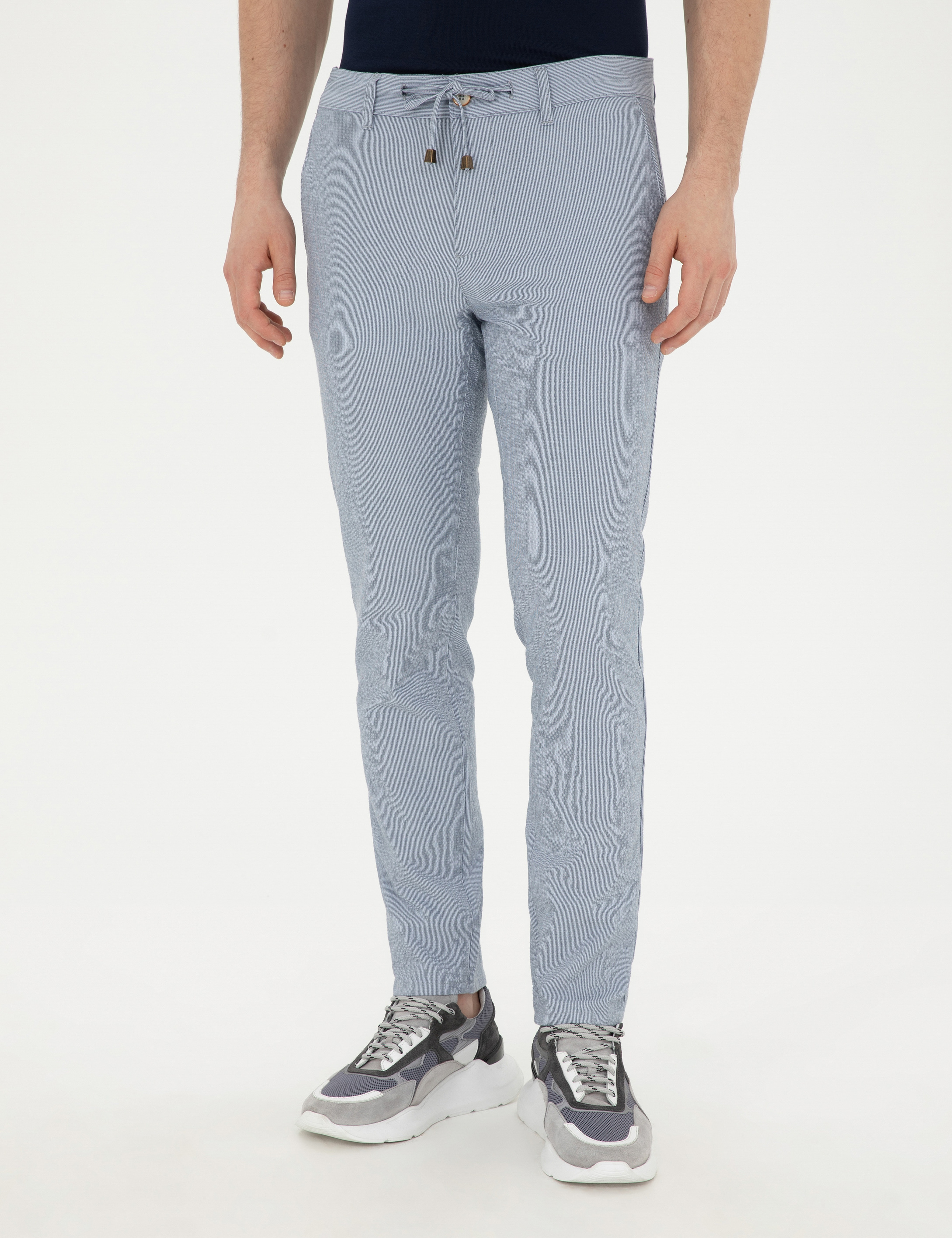 Açık Mavi Slim Fit Gofre Bağcıklı Kanvas Pantolon - Image 2