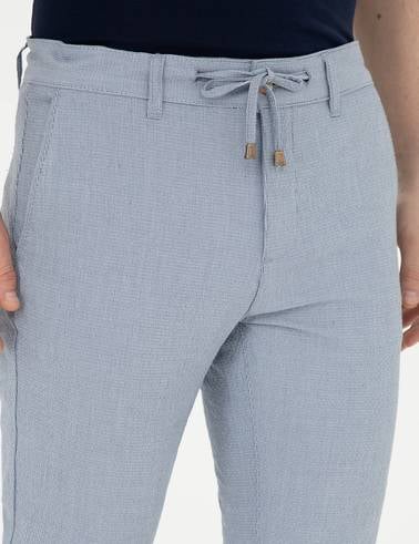Açık Mavi Slim Fit Gofre Bağcıklı Kanvas Pantolon