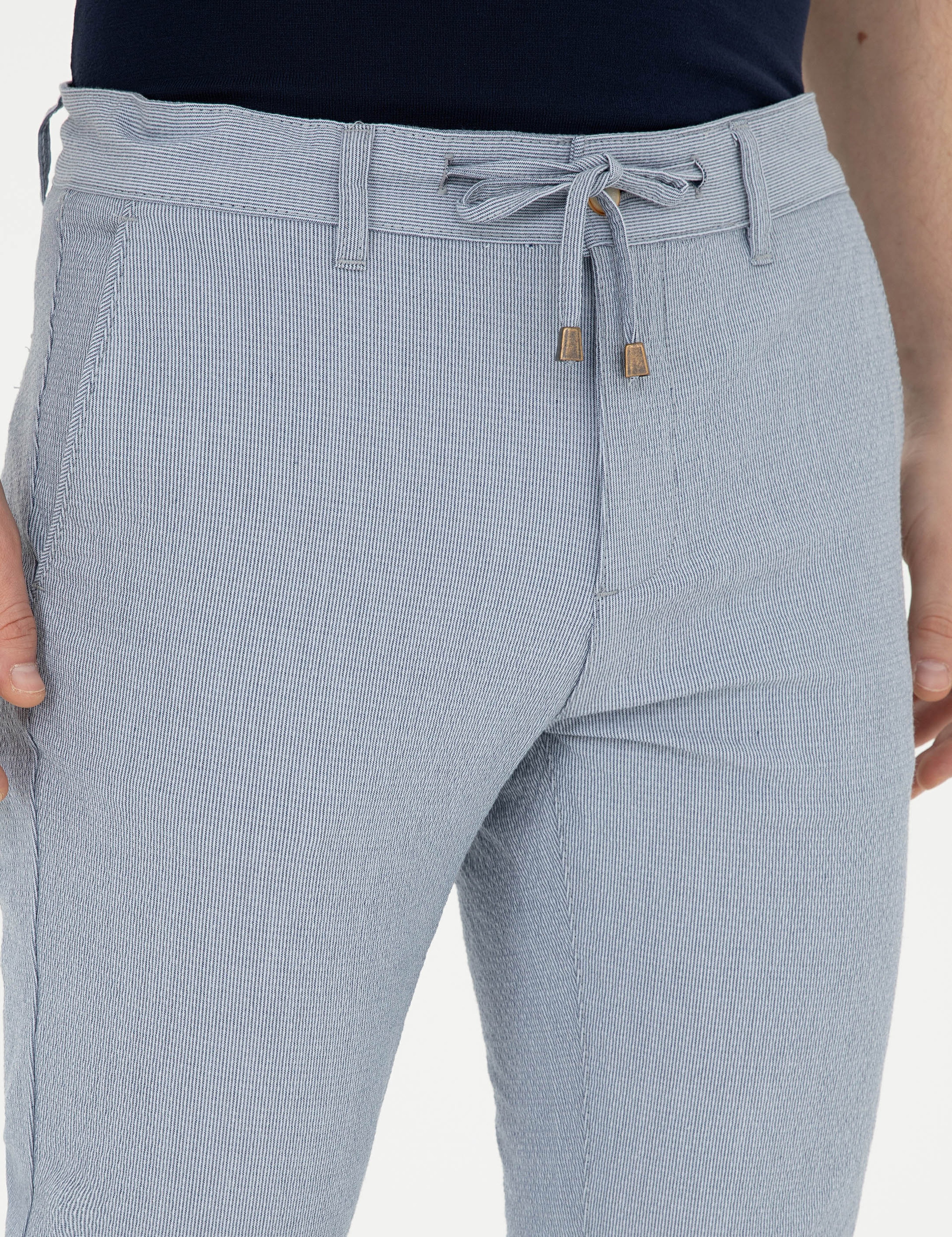 Açık Mavi Slim Fit Gofre Bağcıklı Kanvas Pantolon - Image 5
