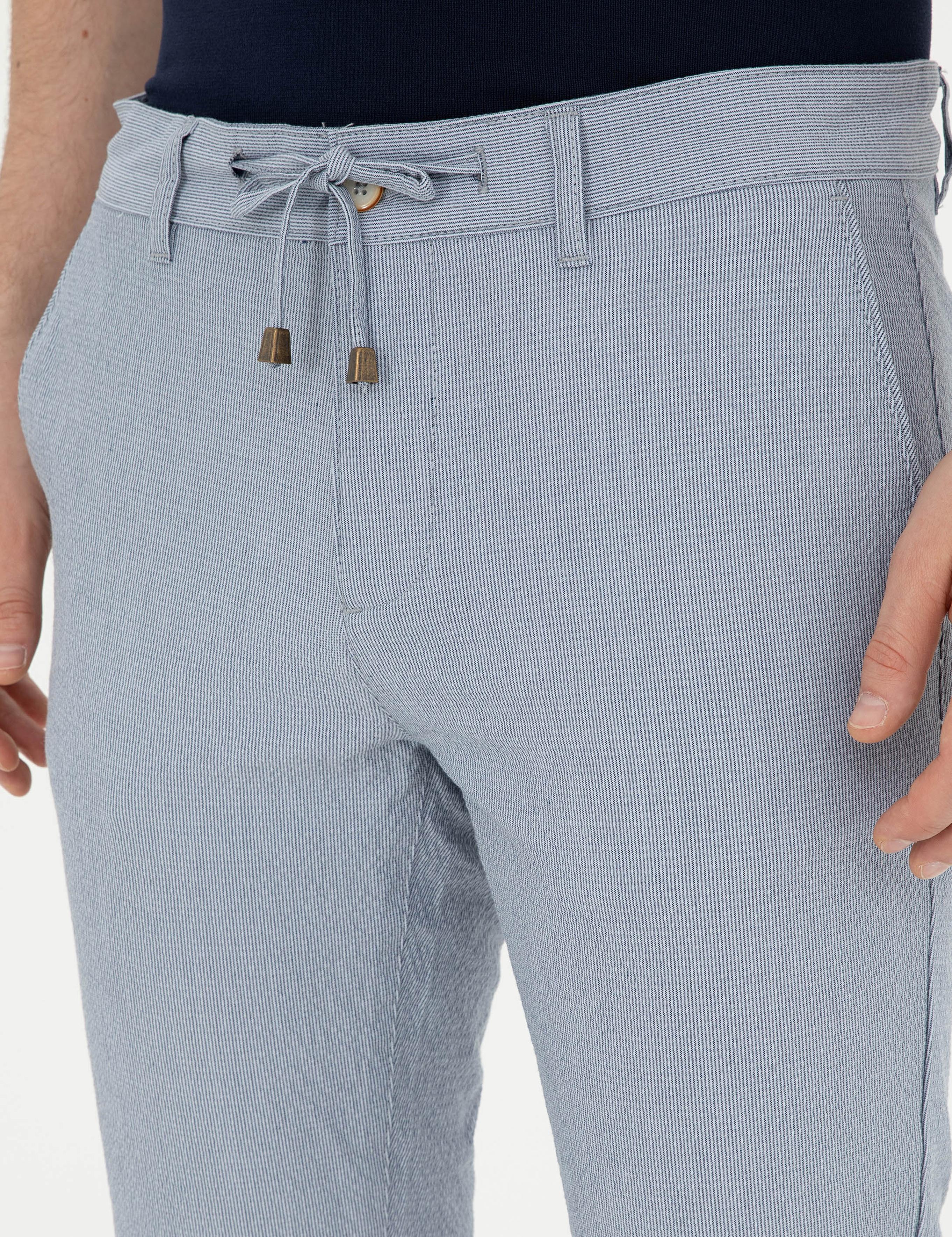 Açık Mavi Slim Fit Gofre Bağcıklı Kanvas Pantolon