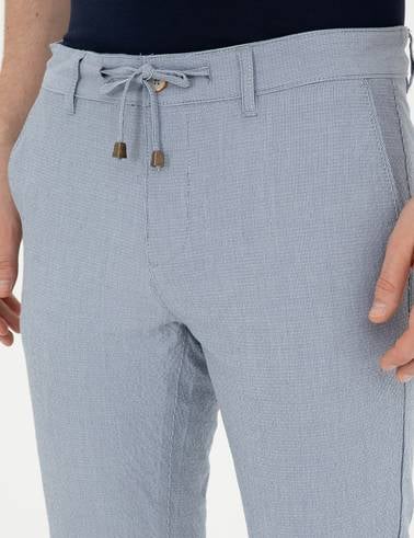 Açık Mavi Slim Fit Gofre Bağcıklı Kanvas Pantolon