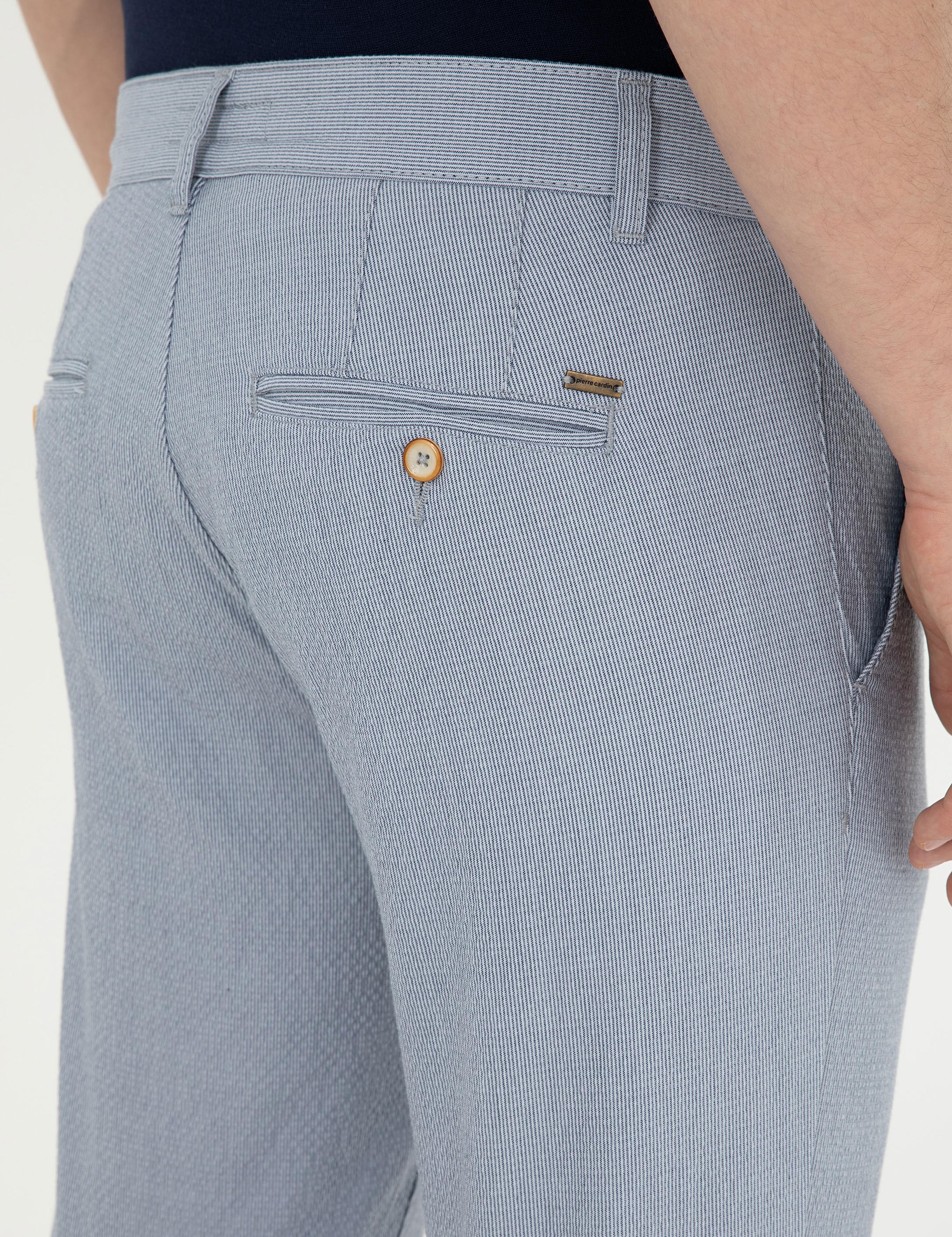 Açık Mavi Slim Fit Gofre Bağcıklı Kanvas Pantolon