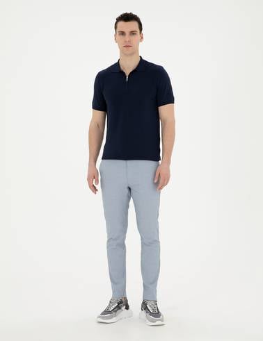 Açık Mavi Slim Fit Gofre Bağcıklı Kanvas Pantolon