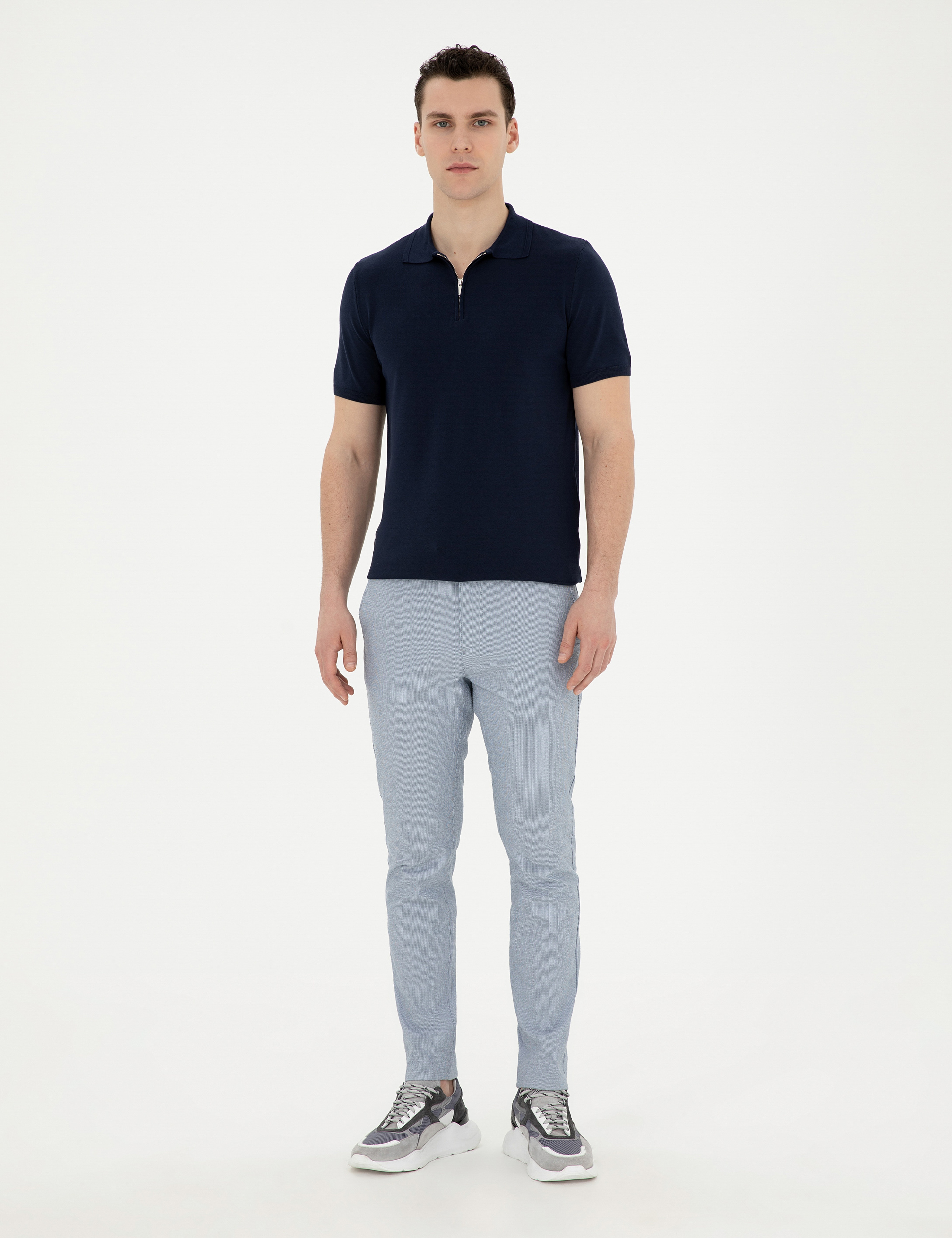 Açık Mavi Slim Fit Gofre Bağcıklı Kanvas Pantolon - Image 3