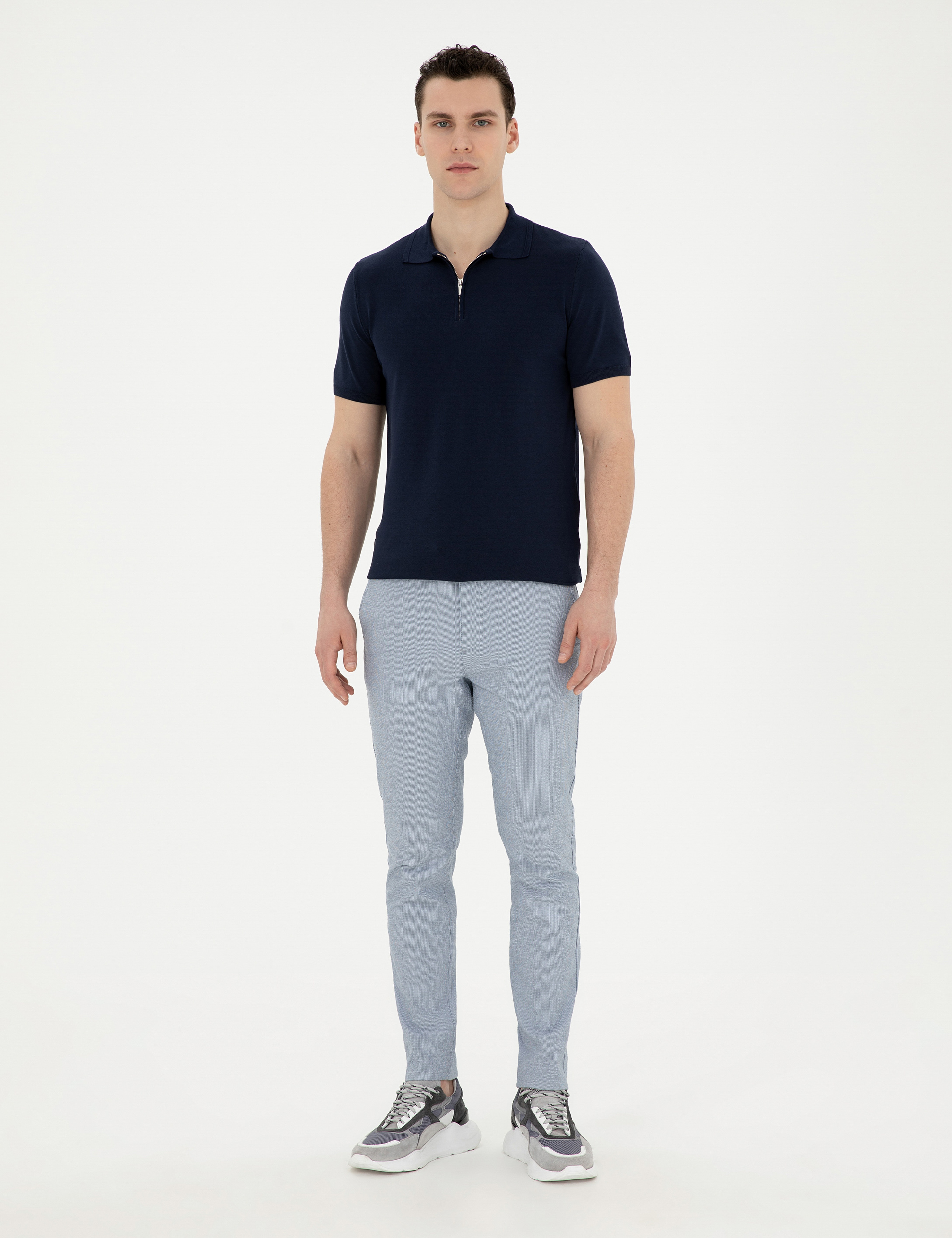 Açık Mavi Slim Fit Gofre Bağcıklı Kanvas Pantolon