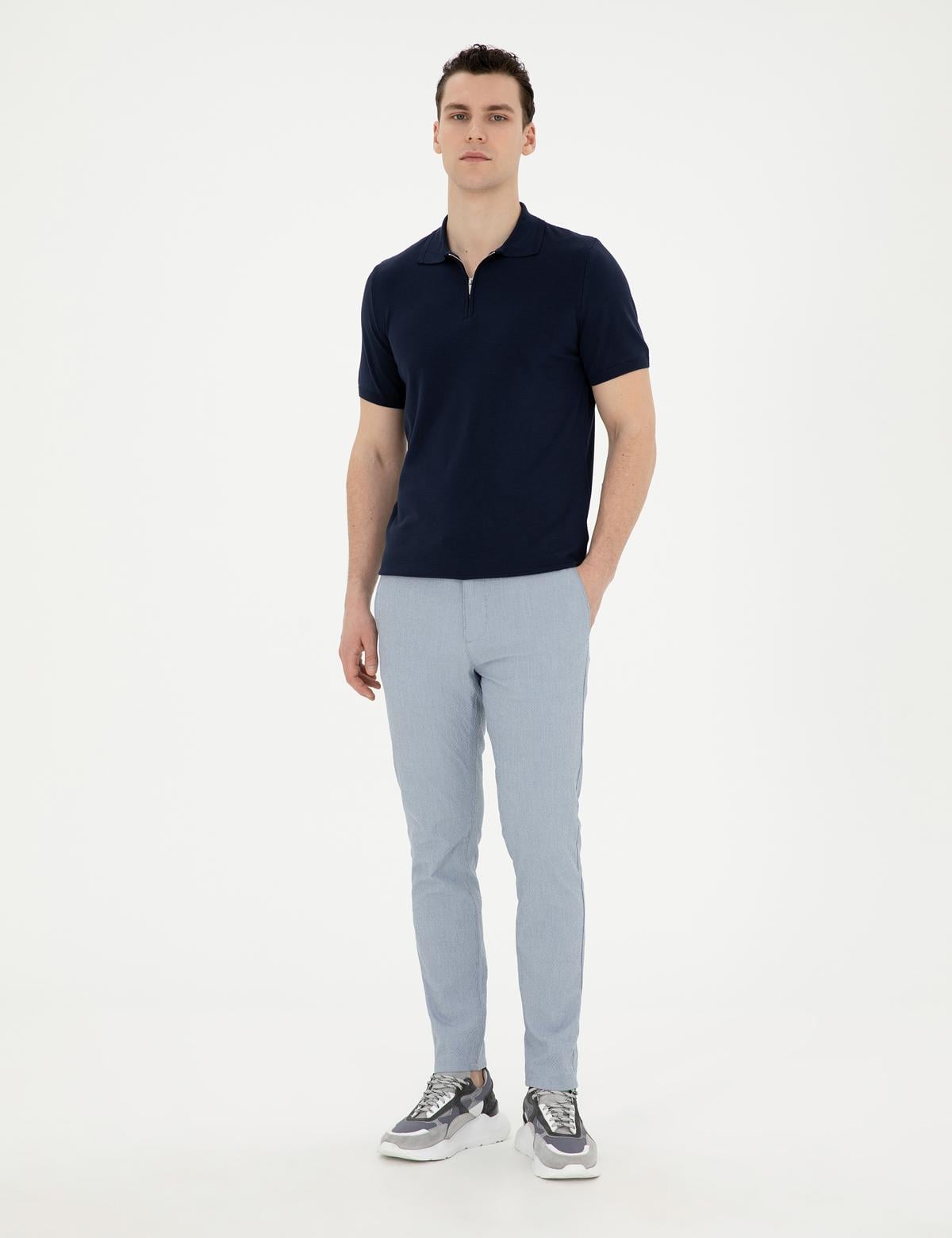 Açık Mavi Slim Fit Gofre Bağcıklı Kanvas Pantolon