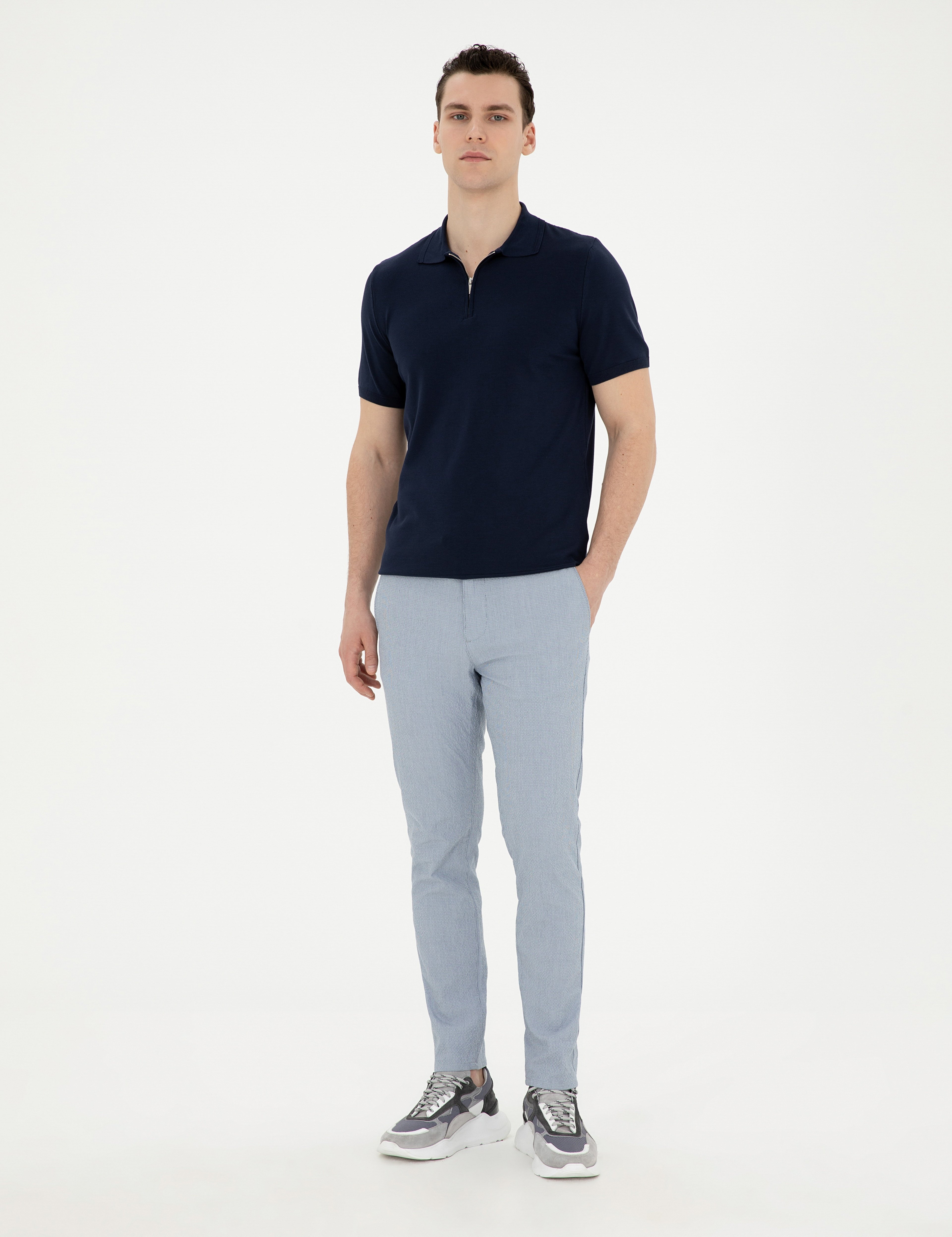 Açık Mavi Slim Fit Gofre Bağcıklı Kanvas Pantolon - Image 1