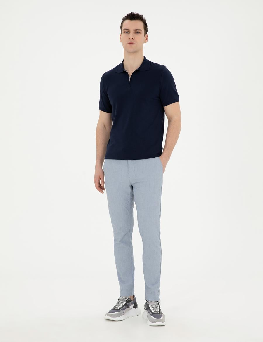 Açık Mavi Slim Fit Gofre Bağcıklı Kanvas Pantolon