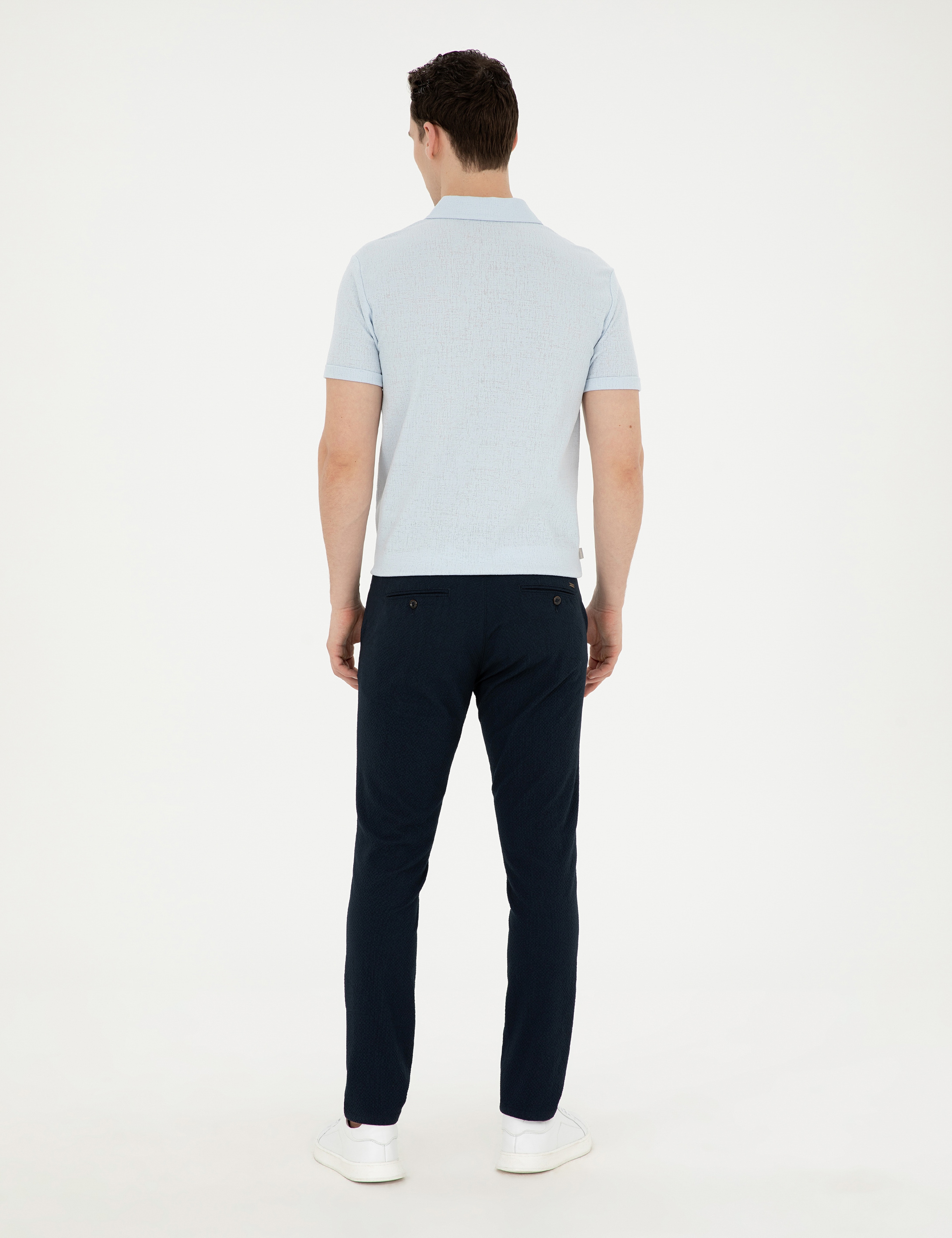 Lacivert Slim Fit Gofre Bağcıklı Kanvas Pantolon