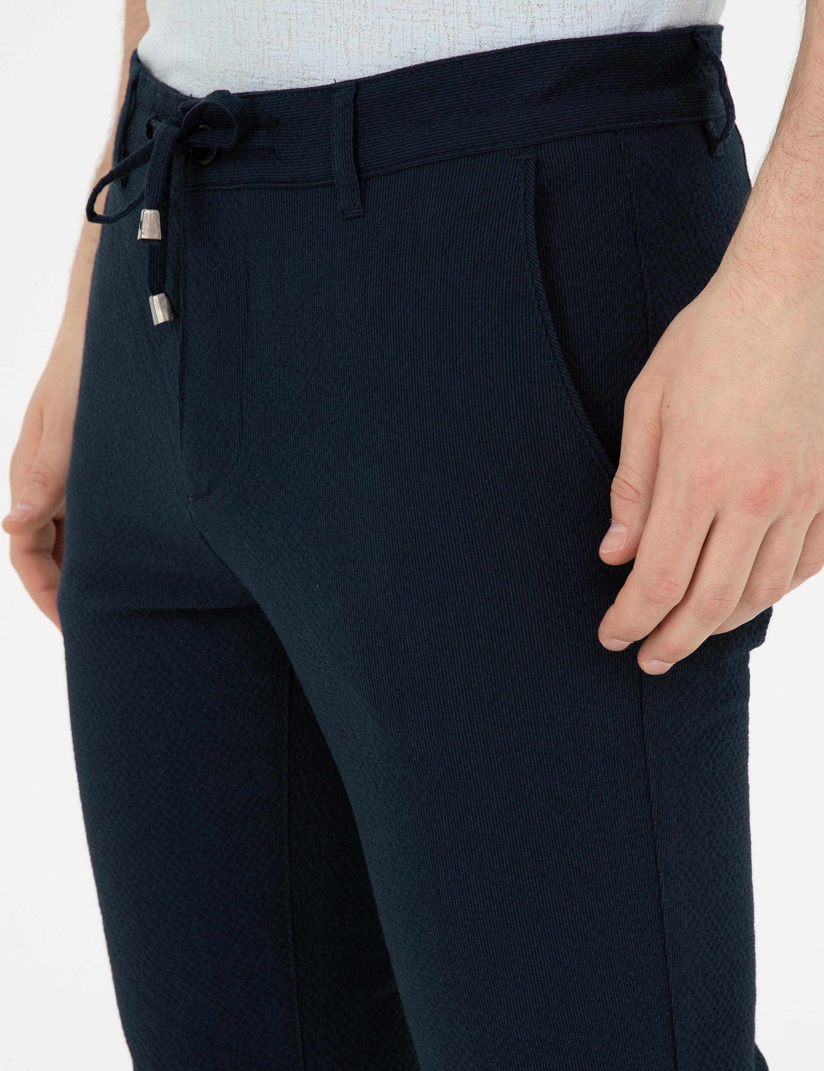 Lacivert Slim Fit Gofre Bağcıklı Kanvas Pantolon
