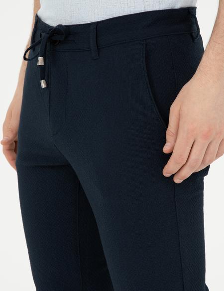 Lacivert Slim Fit Gofre Bağcıklı Kanvas Pantolon - 50284225406
