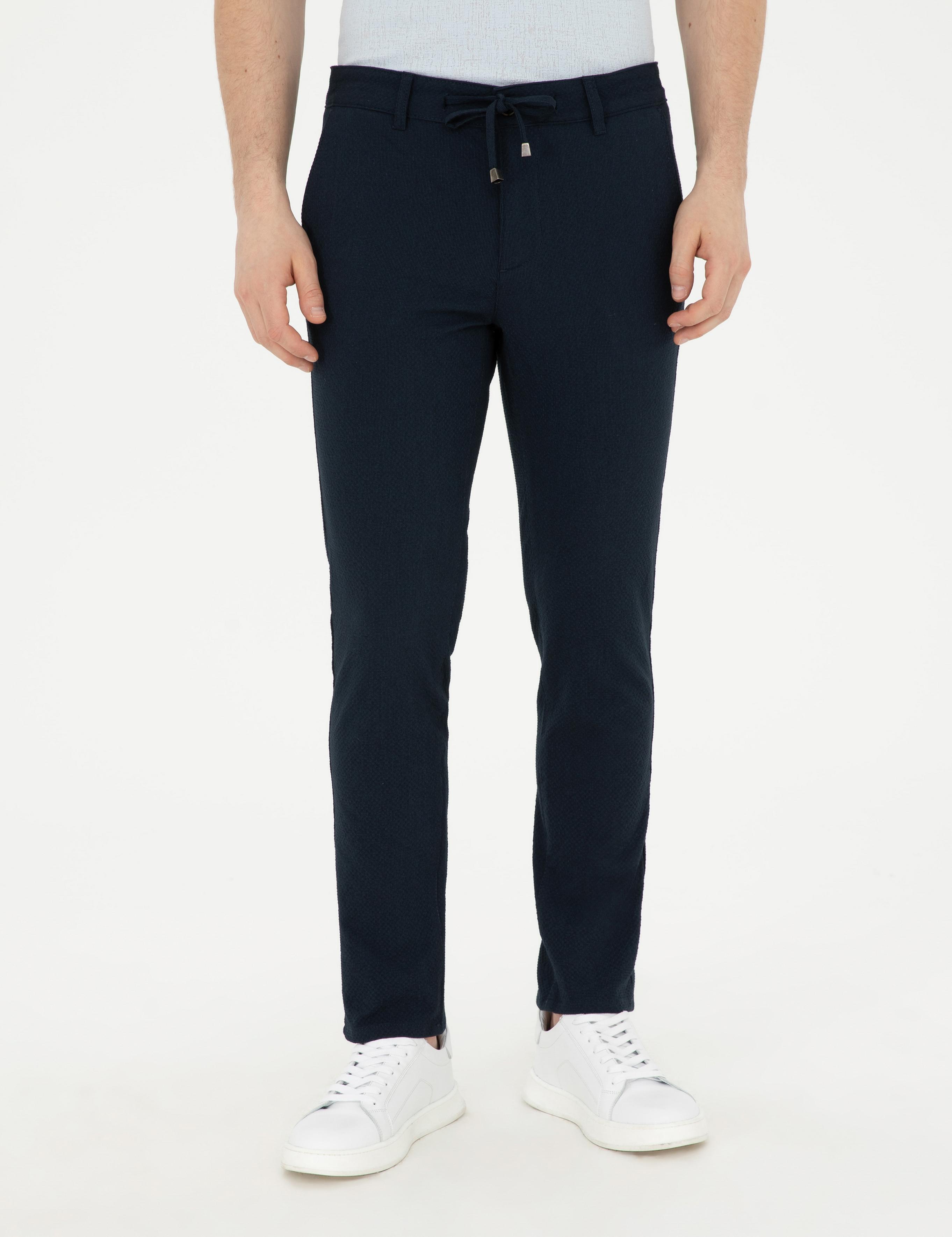 Lacivert Slim Fit Gofre Bağcıklı Kanvas Pantolon